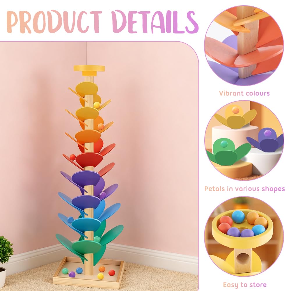 Arbre Sonore, Jouet Montessori en Bois avec Bille de Course, Circuit Billes Arc-en-Ciel 1 Base, 12 Billes, 6 Couleurs de 3 Ans pour Garçons/Filles