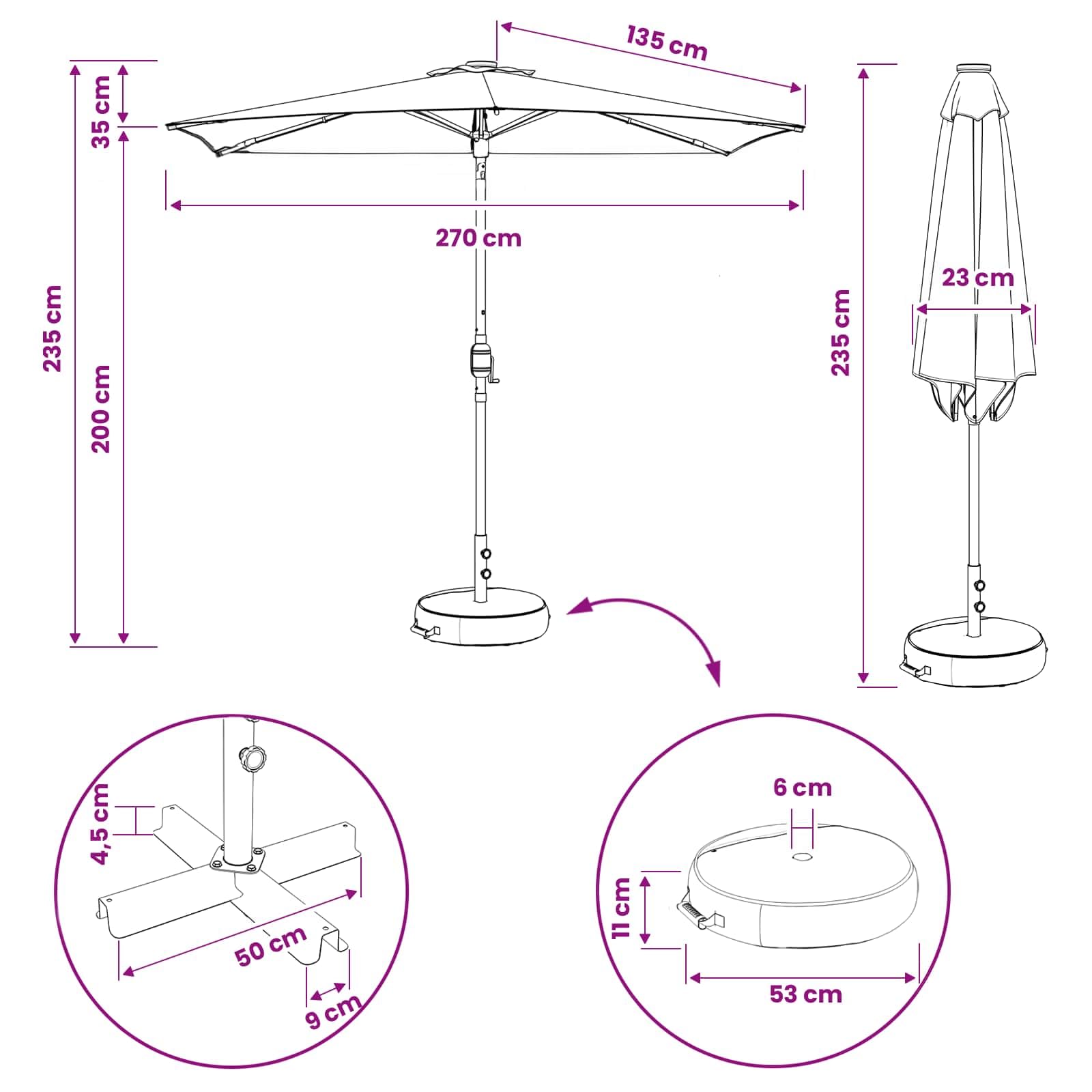 vidaXL Parasol ogrodowy z oświetleniem LED i podstawą 270 x 270 cm