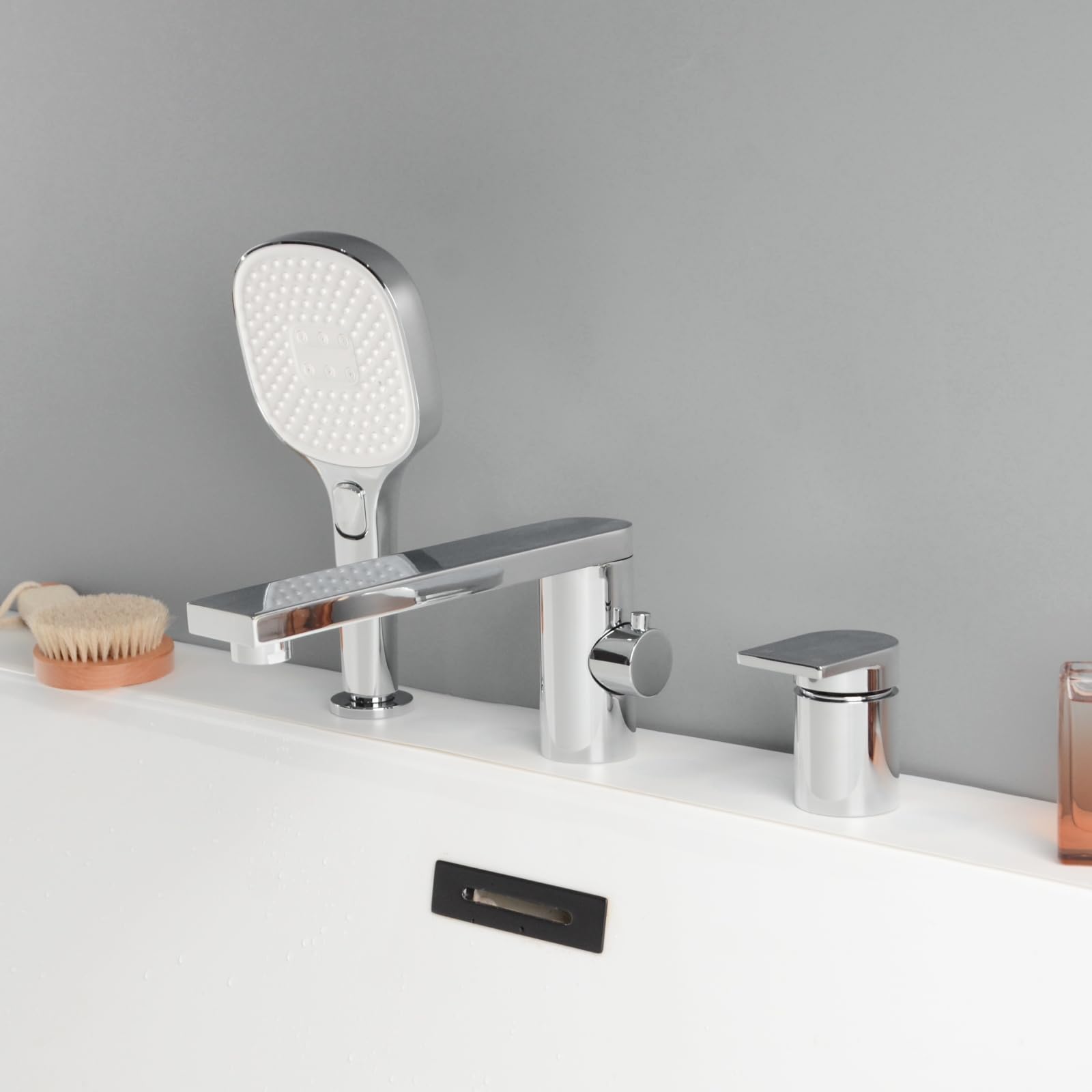 PHASAT 3 Loch Badewannenarmatur mit Ausziehbarem Handbrause, Wannenrand Badewanne Armatur Set, Wannenrandkombination aus Messing für Badezimmer, Chrom PTBC21E