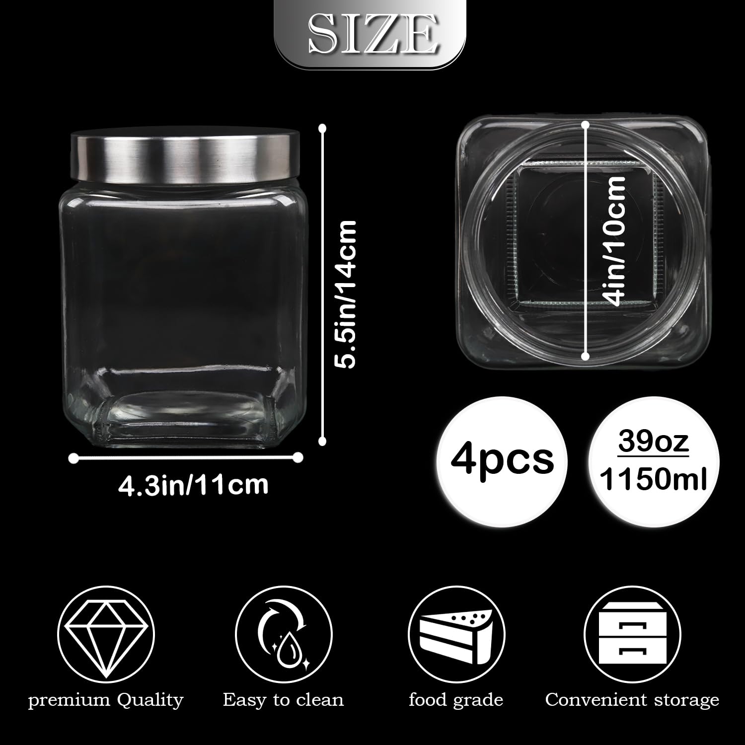 Nsmykhg Nowoczesne, minimalistyczne, eleganckie, kwadratowe szklane słoiki na żywność, 4 sztuki, 1,048 g, 18,5 x 11 x 11 cm, hermetyczne, słoiki do przechowywania w kuchni, kawa, przyprawy, sucha