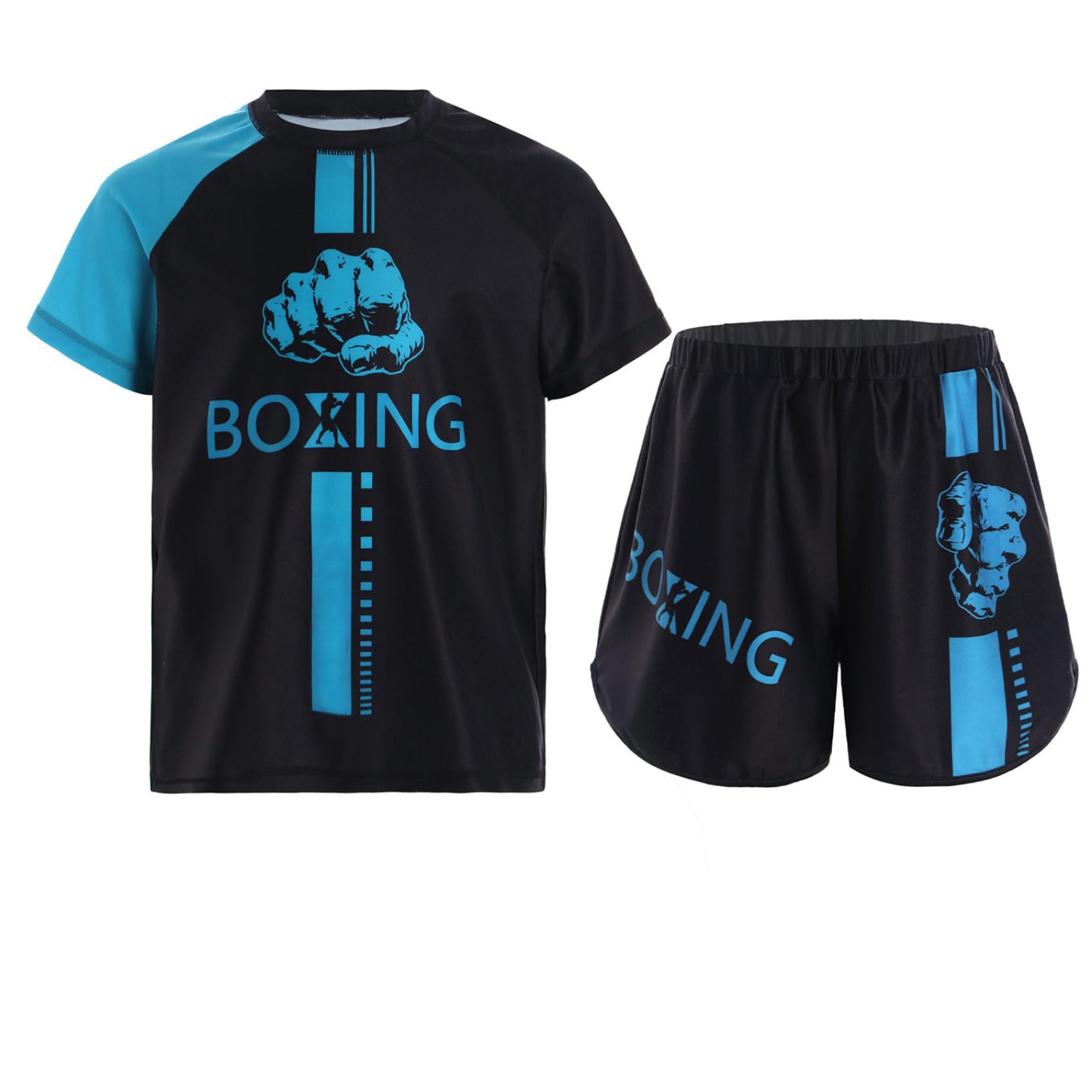 Miutii Kids Boys Boxing Uniform 2pcs Tracksuits Short Sleeve Boxer Shirt and Fighting Shorts Muay Thai Kickboxing Set Light Blue 11-12 Years