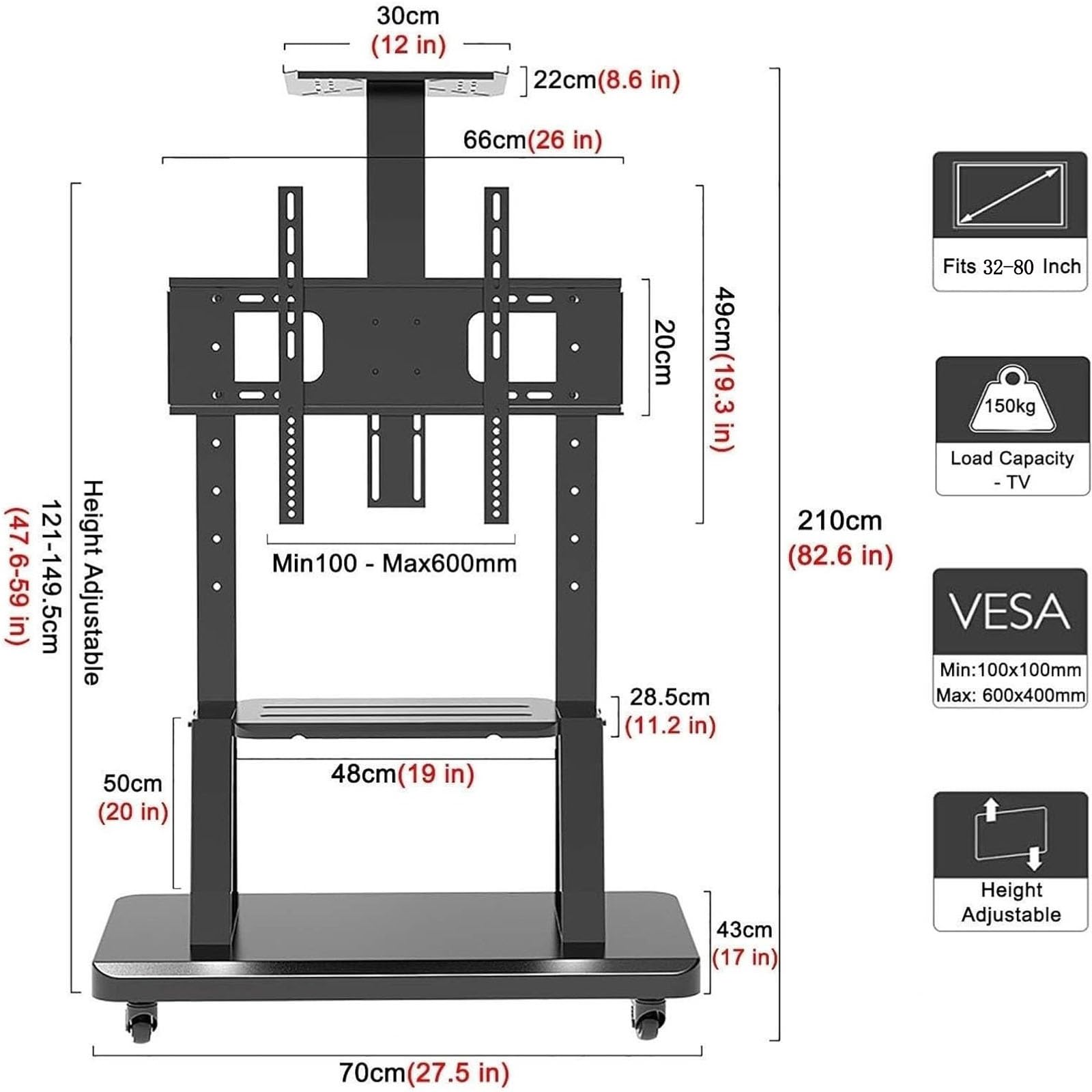 Carrello TV Mobile Supporto Su Ruote - TV LCD 360 Gradi Rotante Telaio Da Pavimento, Per Schermi Piatti Da 32-80 Pollici