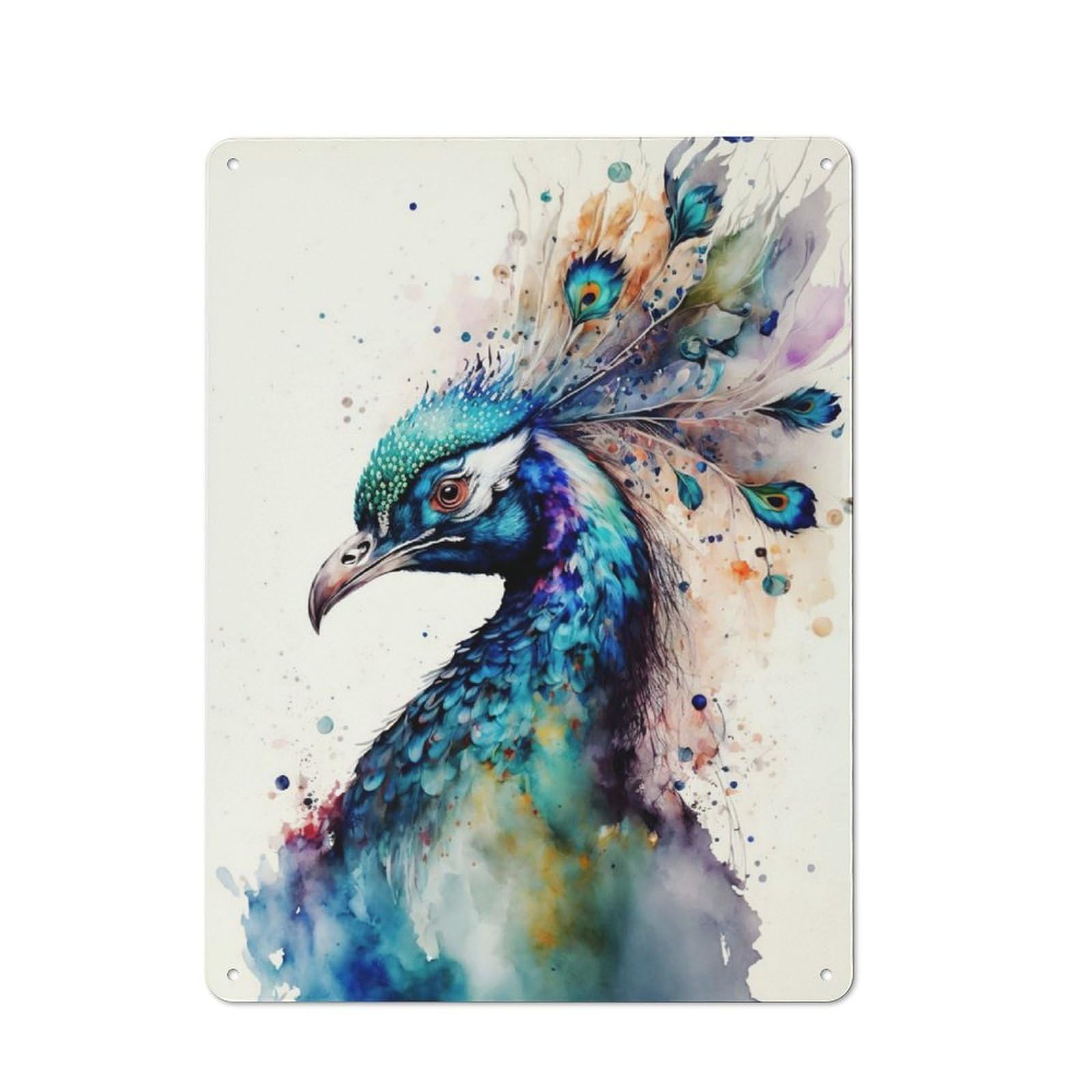 Distressed Look Peacock in Watercolor Decorative Tin Sign 40x30cm, Retro Room Decor for Lounge, Study, Pub Or Wall Gallery
