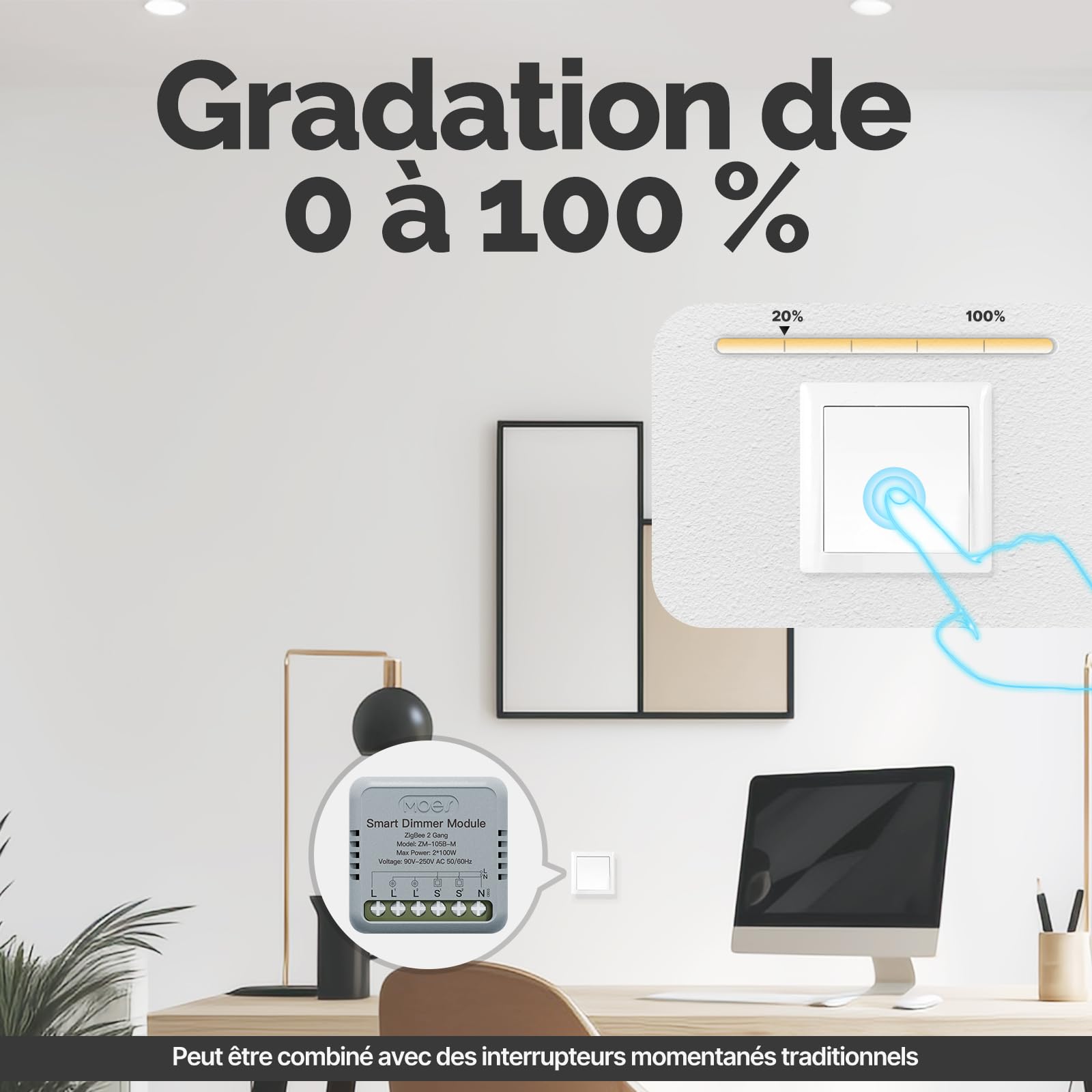 MOES Mini ZigBee Module Variateur LED Encastré, 2 Pack | 2 Gang, nécessite passerelle MOES ZigBee, compatible avec commande vocale Alexa et Google Home