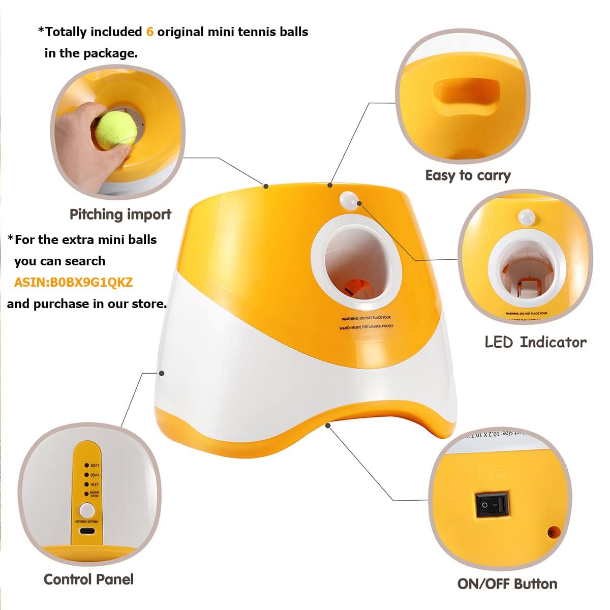 AutomaticDog Lanceur de balle pour chien, distance de 3 à 9 m, lanceur de balle rechargeable par USB, indicateur LED, jouet pour chien, 6 mini balles de tennis (5,1 cm) pour petits chiens, orange
