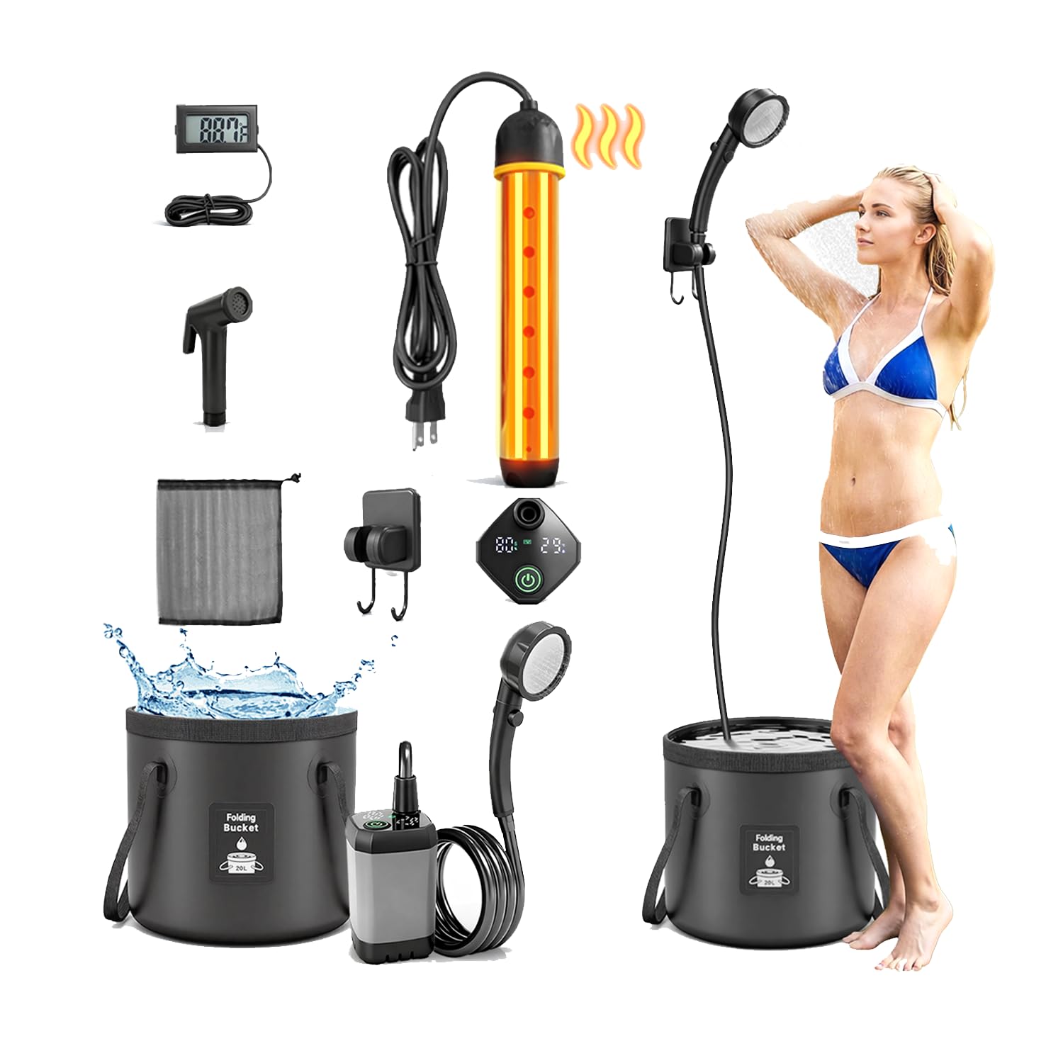 Douche portable améliorée 2026 avec chauffage pour camping, pompe de douche rechargeable de 6000 mAh avec écran LED, 3 modes de pulvérisation, seau pliable de 15,7 l, douche extérieure pour voyage