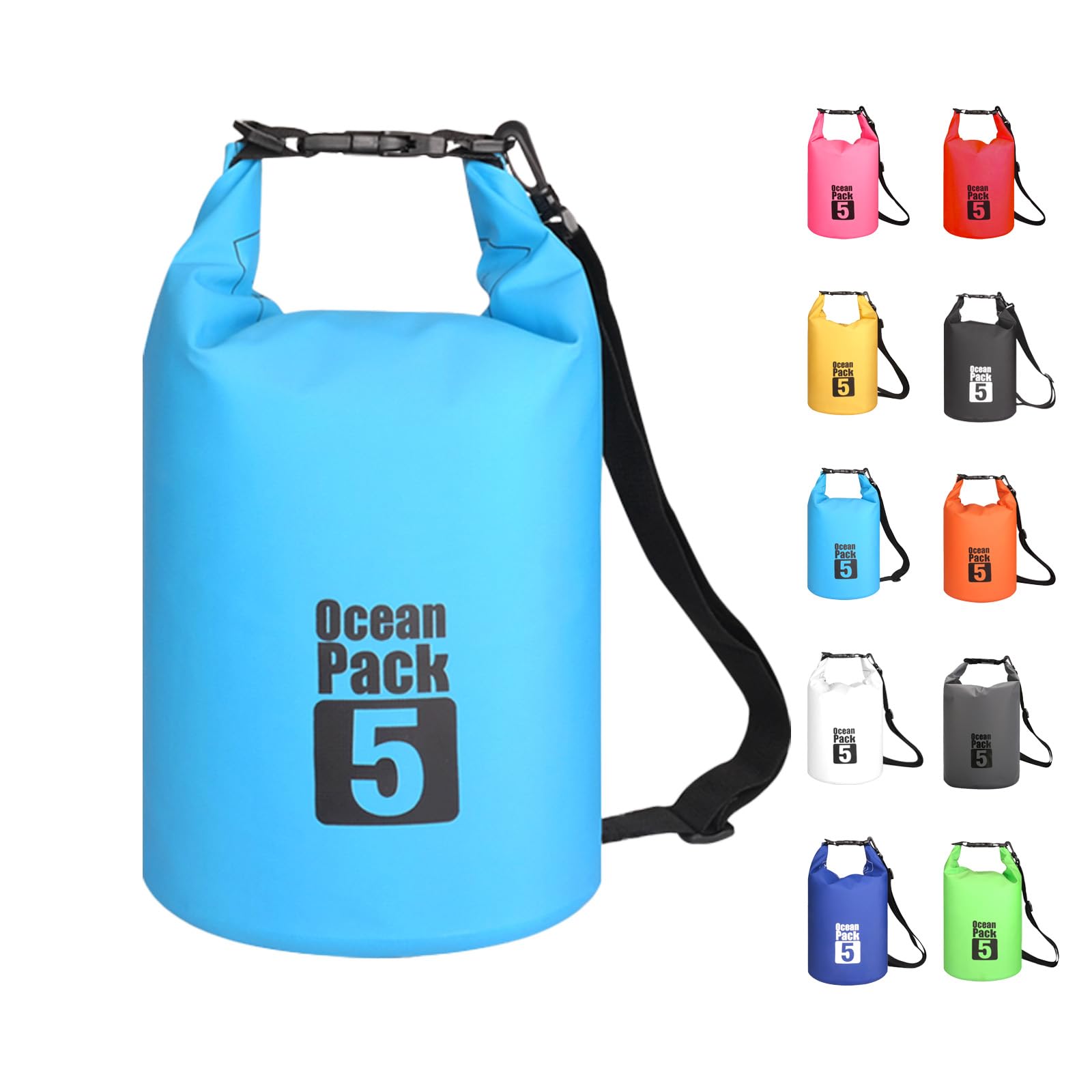 MORAINJAY 5L Sky Blue Dry Bag,Waterproof Bag with Single Adjustable Shoulder Strap,Small Capacity Dry Sack 2L 5L 10L 15L 20L 30L for Outdoor Camping,Rafting,Swimming,Boating,Surfing