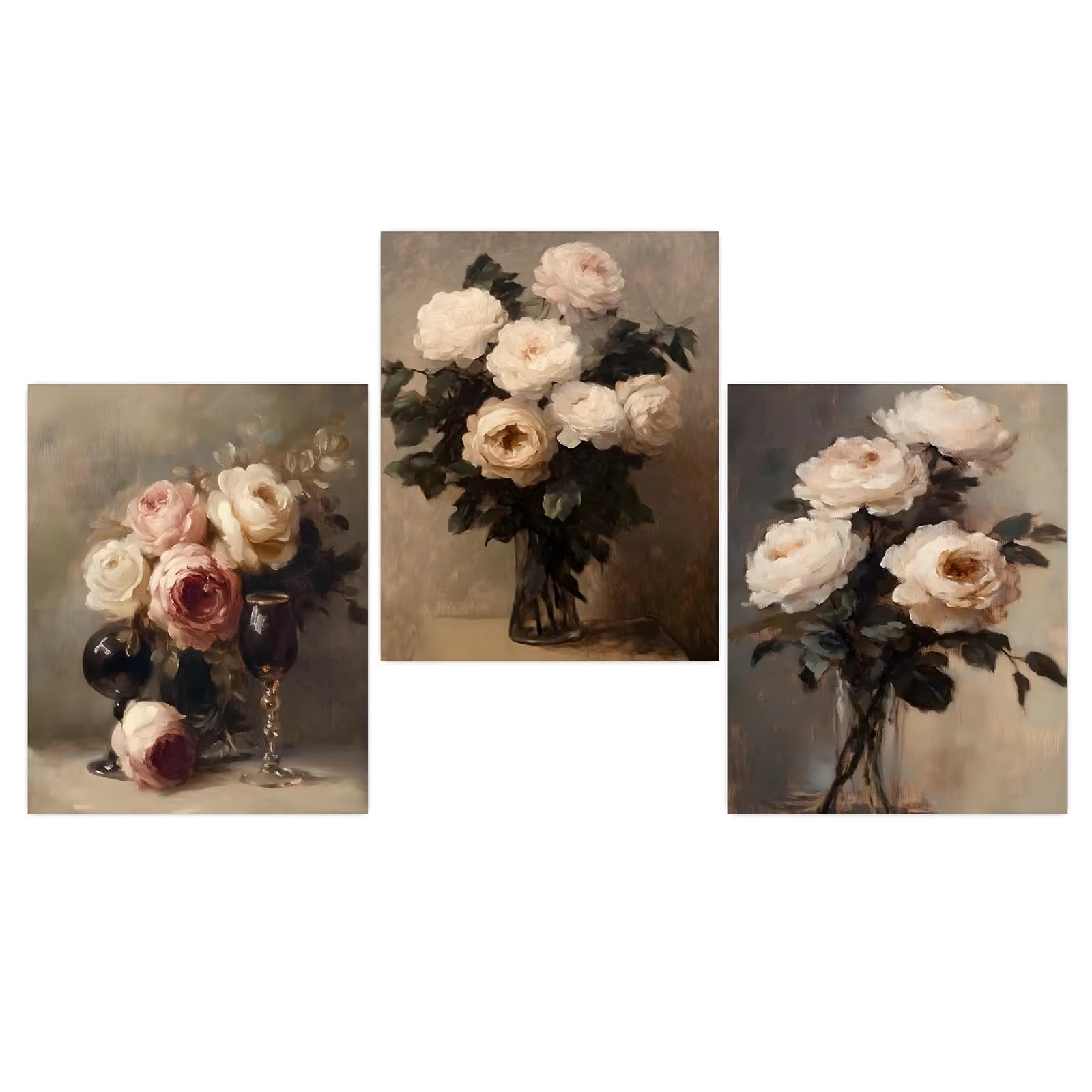 AEFOUU Vintage Wall Art Pictures, Rose Floral Canvas Painting, Neutral plant Poster Print for Bedroom Living Room Wall Decor(70x100cm/28x40in/Frameless)