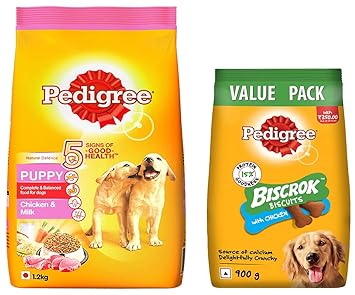Pedigree Puppy Dry Dog Food- Chicken & Milk, 1.2kg Pack & All Life Stages Biscrok Dry Dog Biscuits (Above 4 Months), Chicken Flavor, 900g Pack