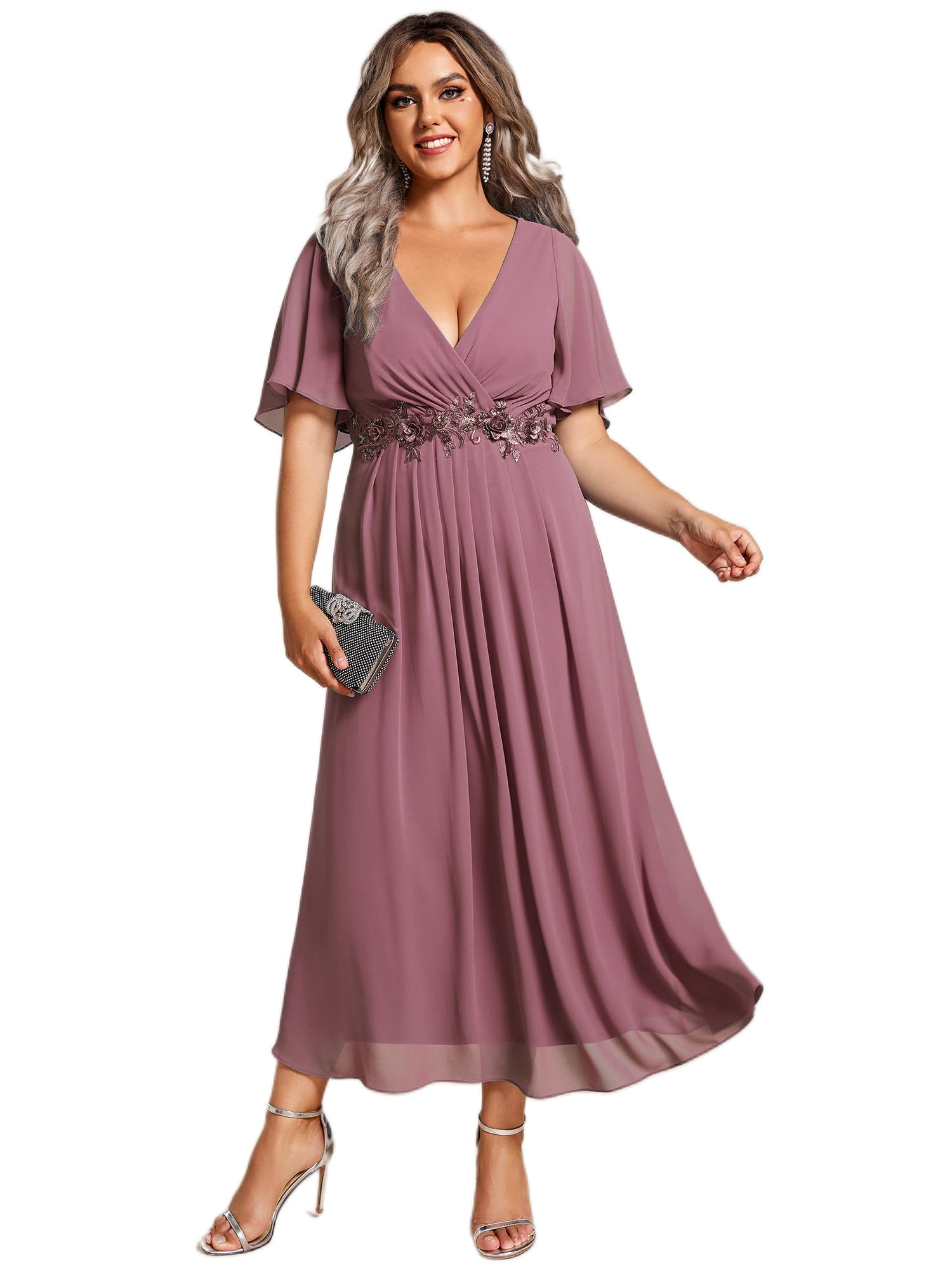 Ever-Pretty Women's V Neck Pleated Chiffon Applique Ruffles Sleeves Maxi Plus Size Formal Wedding Guest Dresses