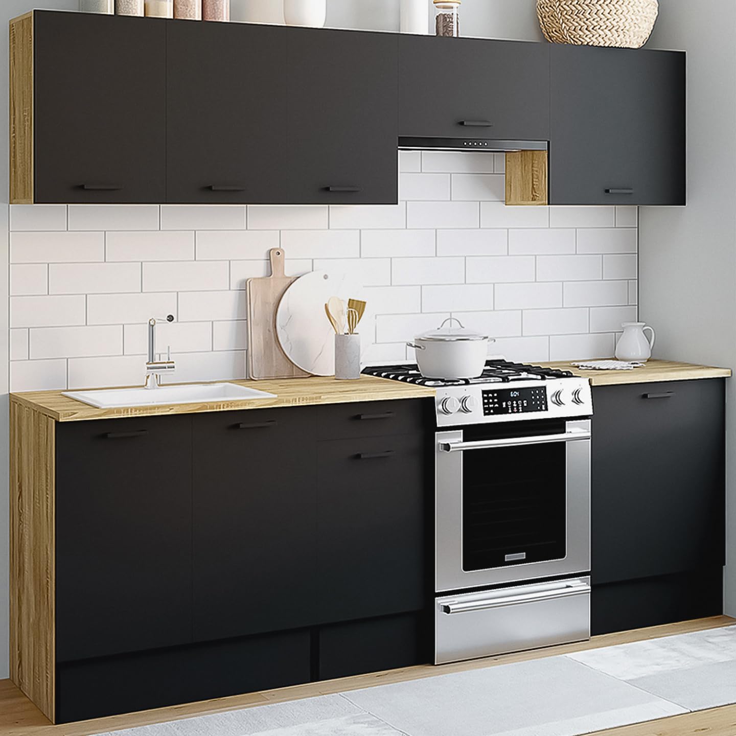 IDMarket - Cocina completa 240 cm Subtil con encimera 7 elementos madera y negro