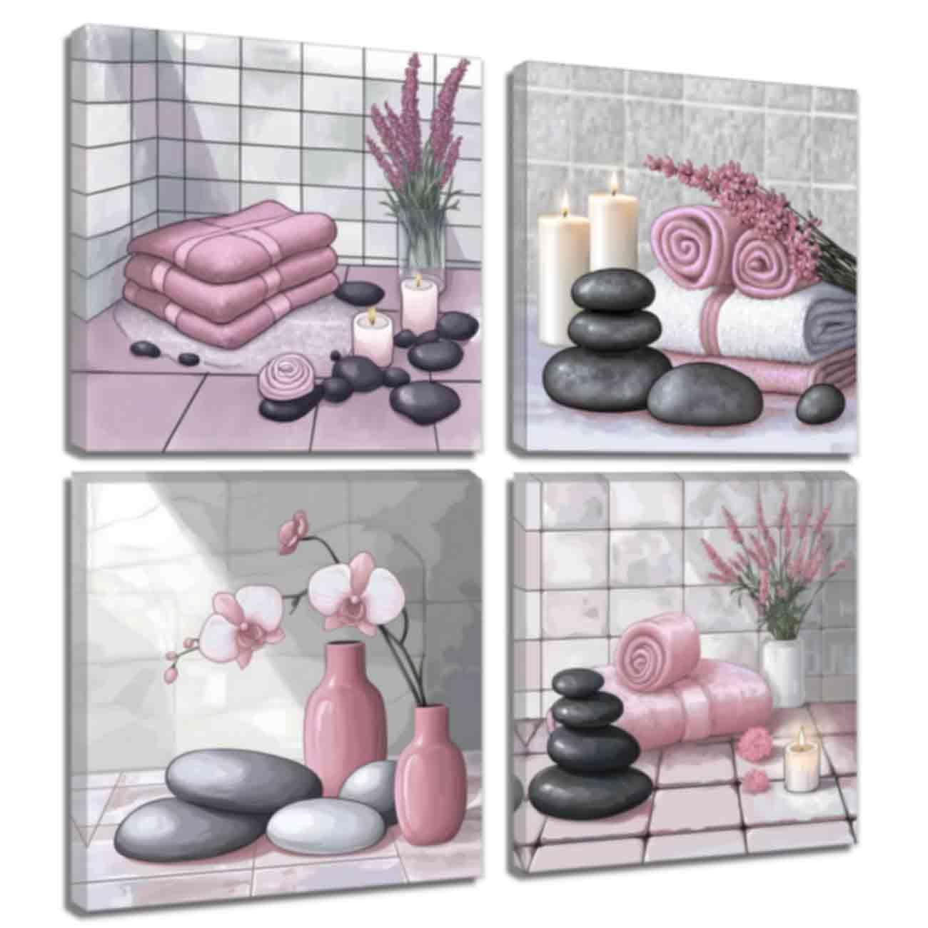 LMYSXAOZ Zen Wall Art for Bathroom Decor Stone & Orchid Still Life Pictures Bath Canvas Prints Meditation Room Spa (Pink,14.00" x 14.00" 4)