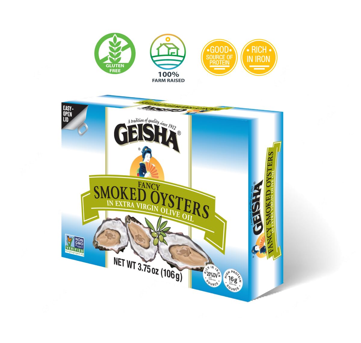 GEISHA Smoked Oysters in Extra Virgin Olive Oil 3.75oz(Pack of 12), Smoked Oysters | Zero Trans Fat - No Sugar Added – Farm Raised – Rich in Iron(20% DV per serving) – Gluten Free – Good Source of Protein(32% DV per serving) – NON-GMO Project Verified