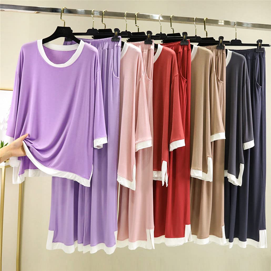 Pijamas de primavera para mujer, conjuntos de pijama de algodón modal, trajes sueltos para el hogar, conjuntos de 2 piezas, ropa cómoda para el hogar, Morado (, S
