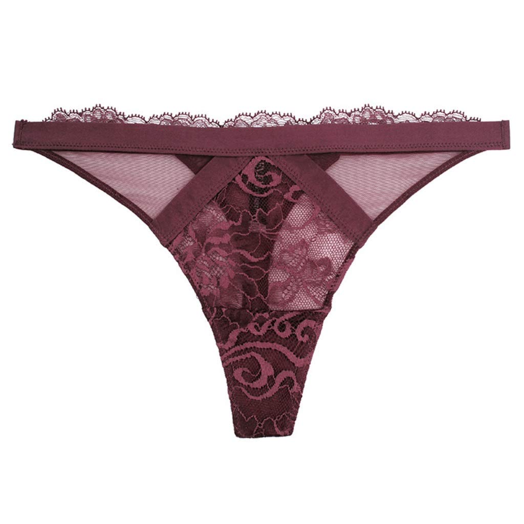 Tanga De Encaje Sexy For Mujer, Bragas Finas De Cintura Media De Encaje Transpirable Vino Tinto (Size : XL)