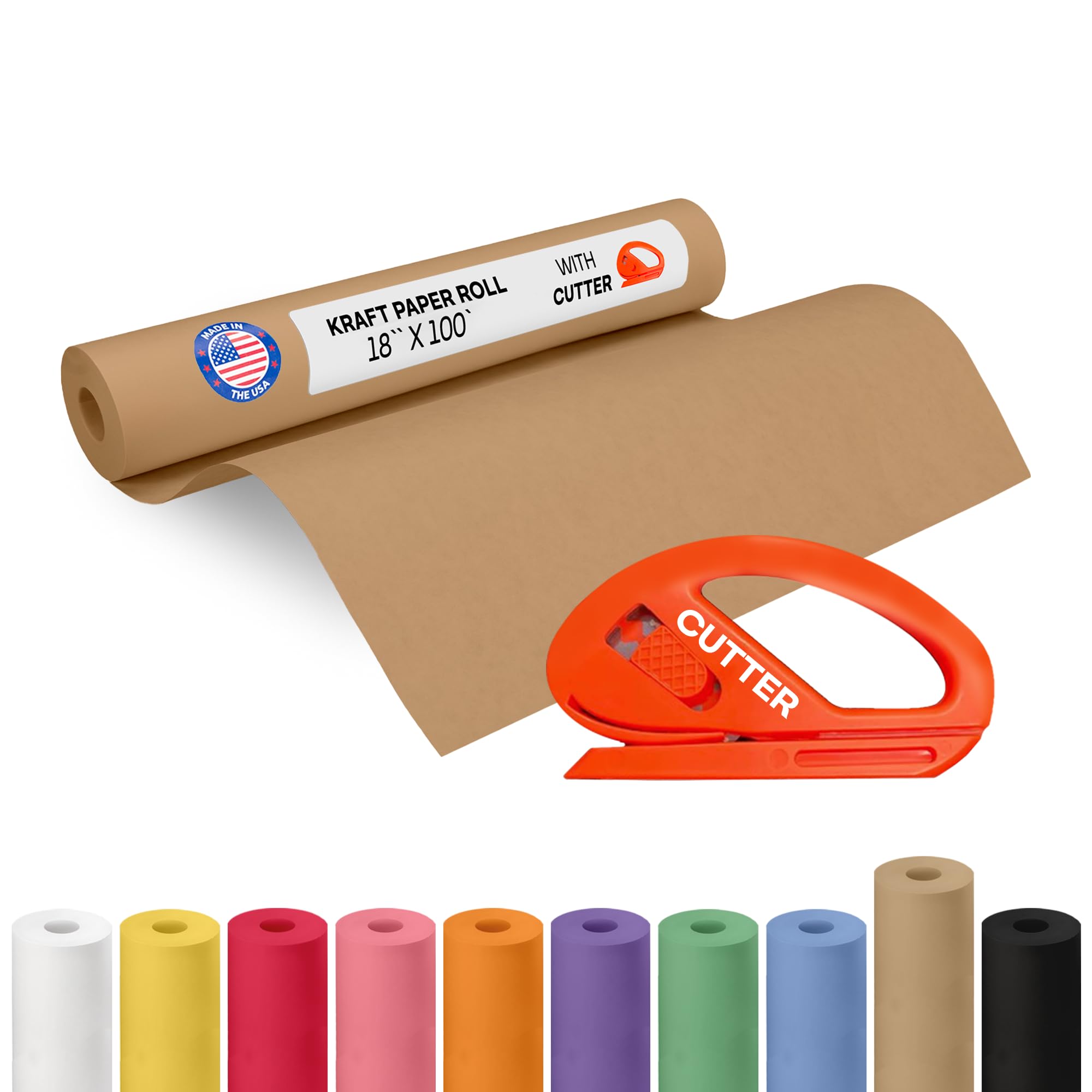 Brown Kraft Paper Roll 18" x 1200" (100 feet) with Cutter - USA-Made Gift Wrapping Paper for Packing, Moving, Shipping &amp; Crafts/Arts - 100% Recyclable Natural Craft Material by IDL Packaging