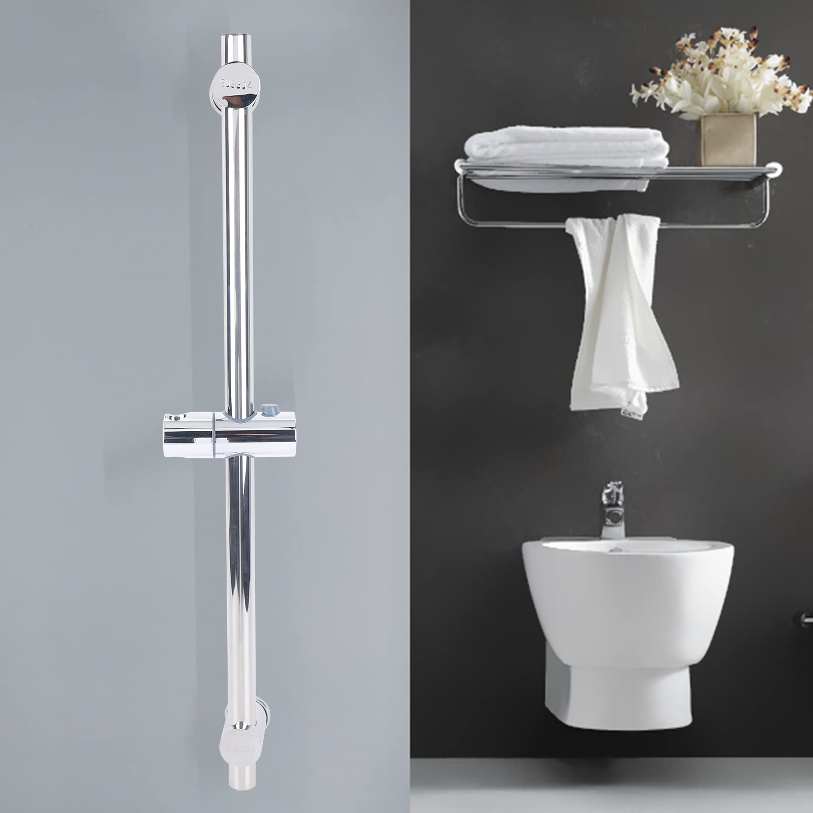 Asta doccia regolabile in acciaio inox 304 con supporto regolabile in altezza e angolo cromato, 66 cm