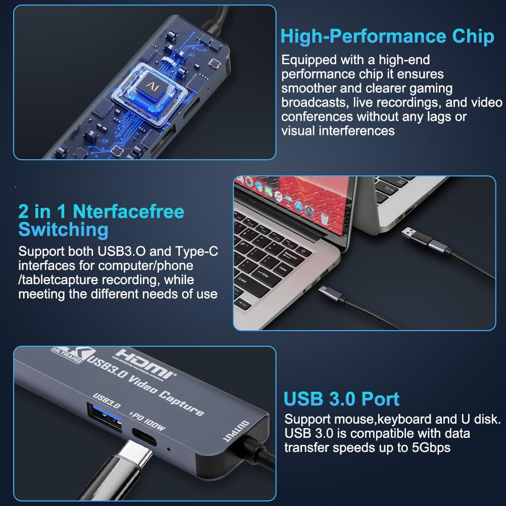 Flintronic Scheda Acquisizione Video, USB 3.0 con 100 W PD, HDMI a 4K 1080P 60 per MacOS/Quest 3/Switch/PS4/PS5 Live Broadcast Gaming Streaming