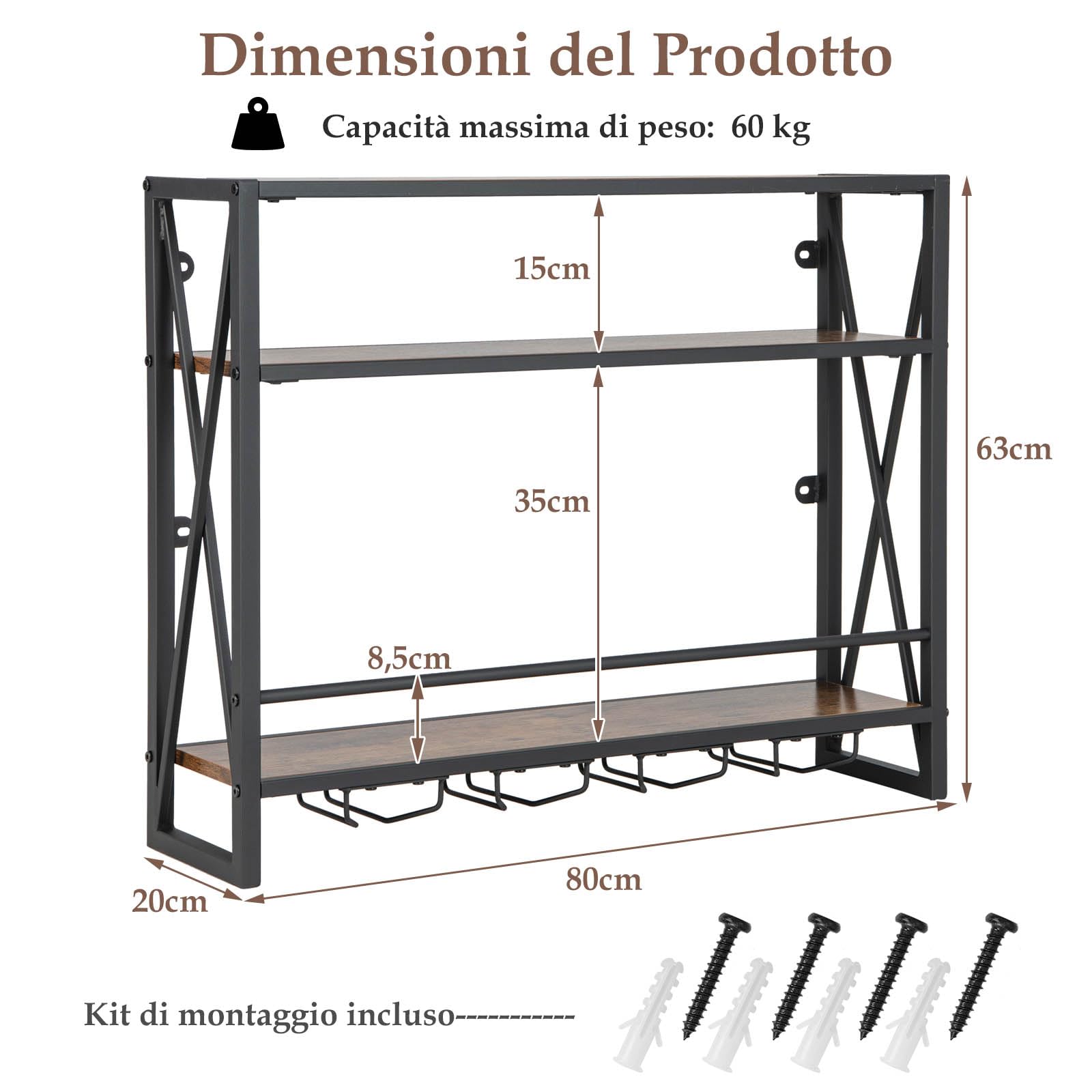 COSTWAY Portabottiglie per Vino da Parete Industriale, Scaffale di Stoccaggio per Vino a Parete a 2/3 Livelli con Porta Calici, in Metallo, per Casa, Bar, Cucina, Ristorante (80 x 20 x 63 cm)