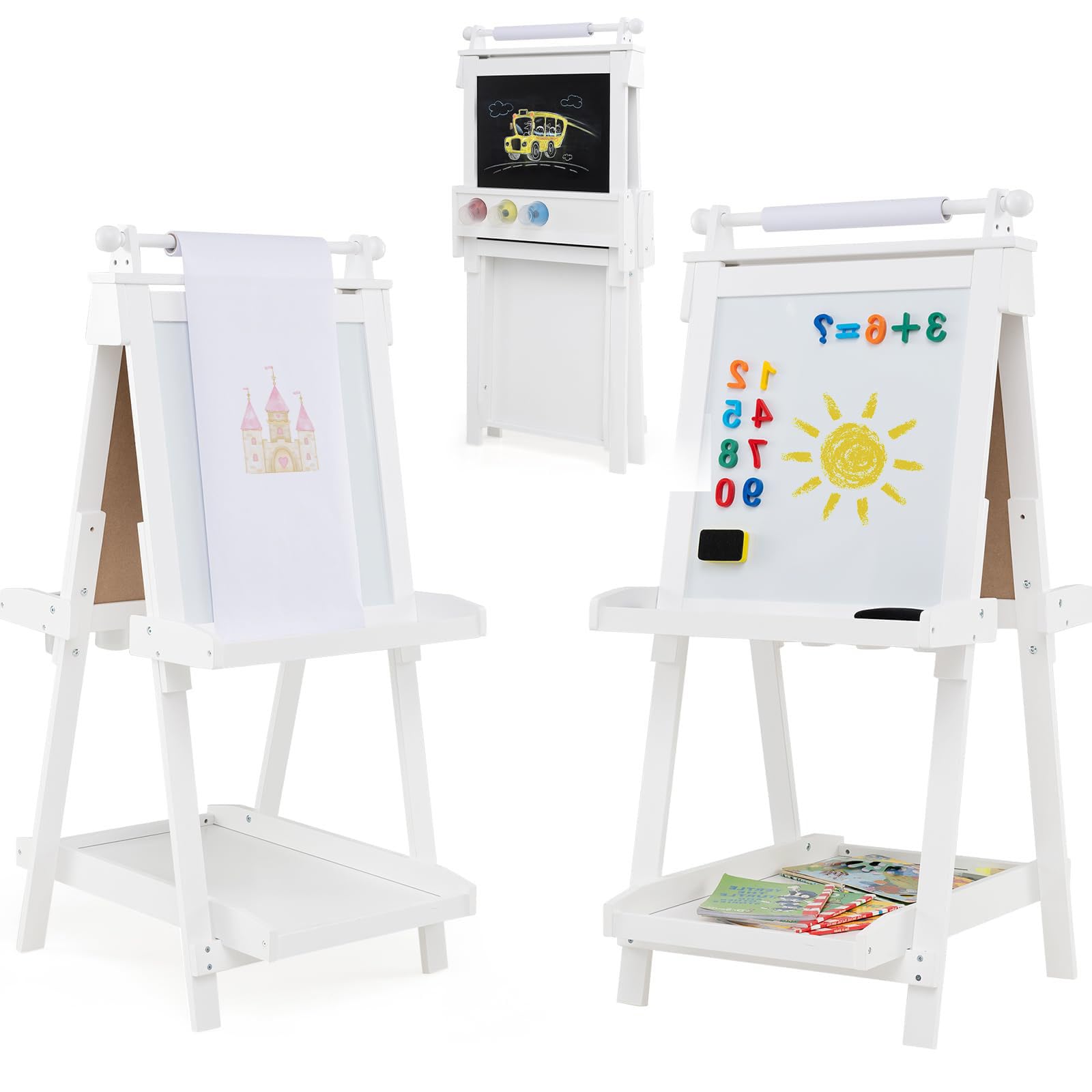 RELAX4LIFE 3 in 1 Cavalletto per Bambini Pieghevole in Legno, Altezza Regolabile, Lavagna Magnetica con Lavagna Bifacciale, con Rotolo di Carta, Vassoio e Accessori, 3+ Anni, 55x66x106-126cm (Bianco)