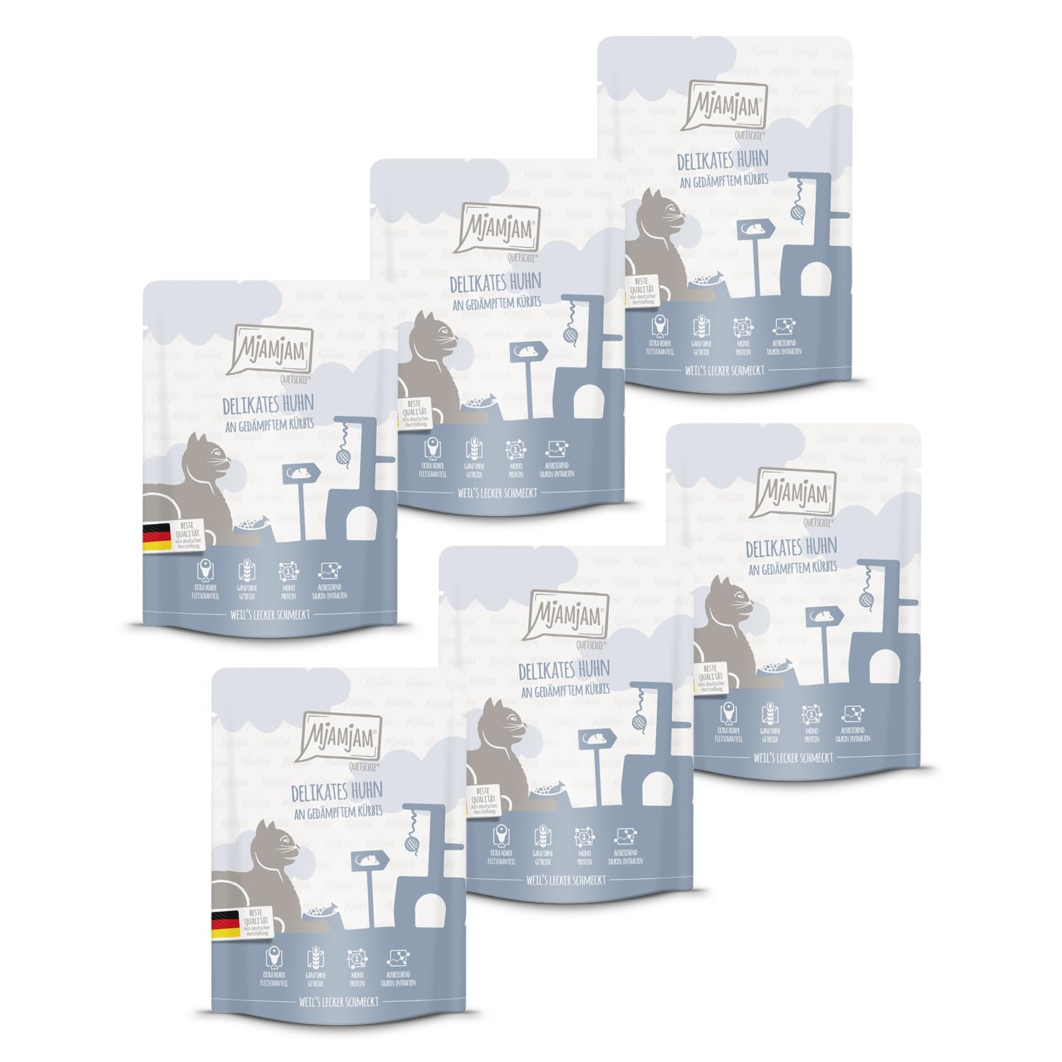 MjAMjAM - Premium wet food for cats - Quetschie - delicious chicken with steamed pumpkin, 6 pack (6 x 300g), grain-free with extra meat