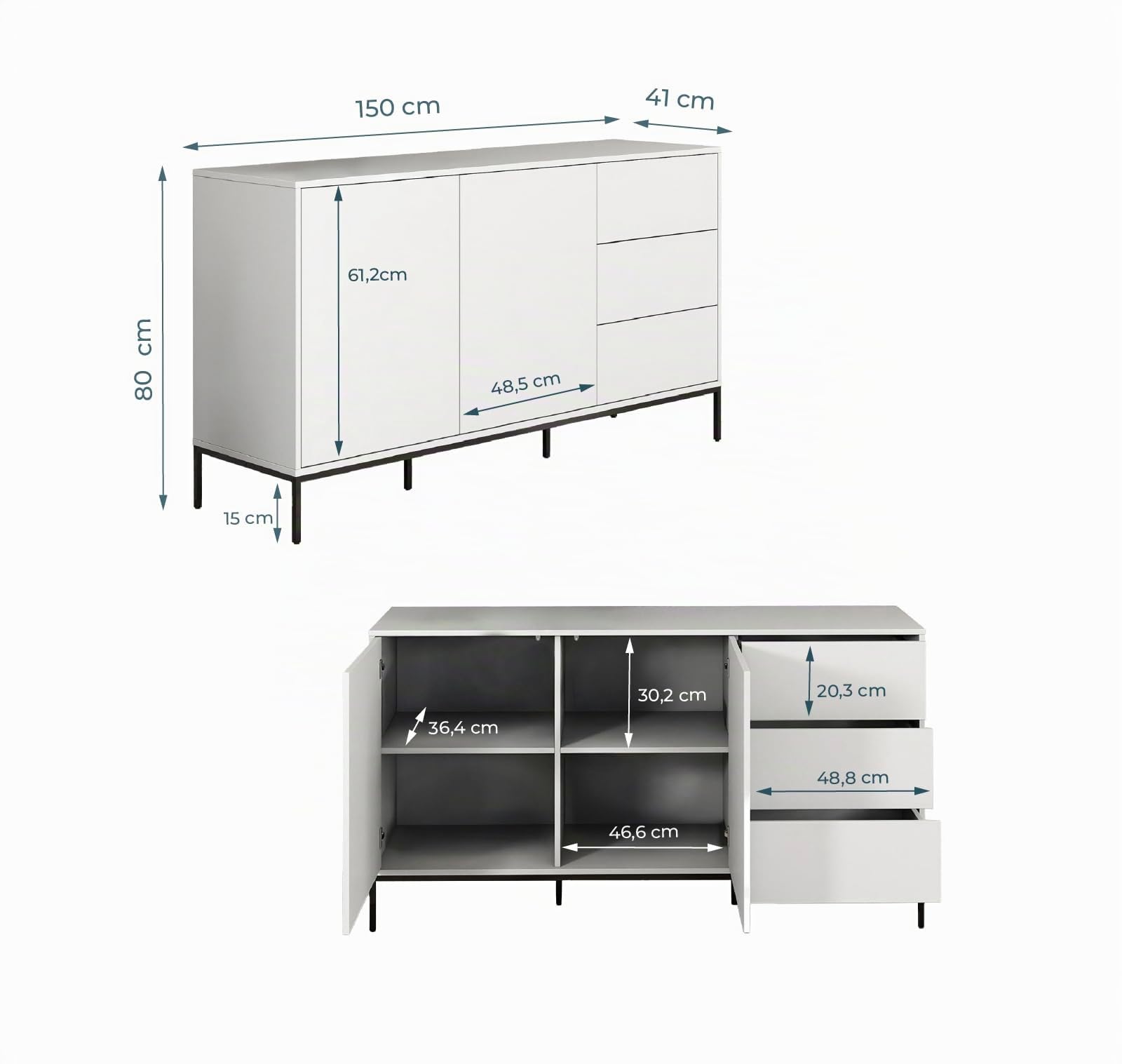 MB Muebles Bonitos | Aparador Serena para Salón Moderno | con Cajones y Patas Altas para Robot Aspirador | Color Blanco | 150x80x41 cm