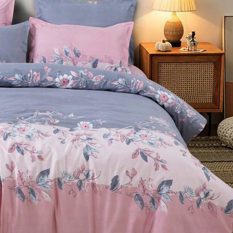 Image of Polycotton Single Bed Bedsheet, Flat Sheet with 1 Pillow Cover, Queen (60x90 inch), 300 TC, Pink & Blue, Set of 2