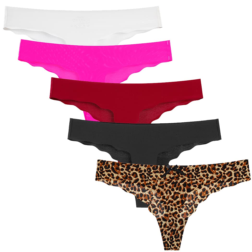 sowuno Low Waist Thongs Bowknot 5 Pairs Leopard Ice Silk Elastic Breathable Soft Hipster Panties Seamless-picture-46