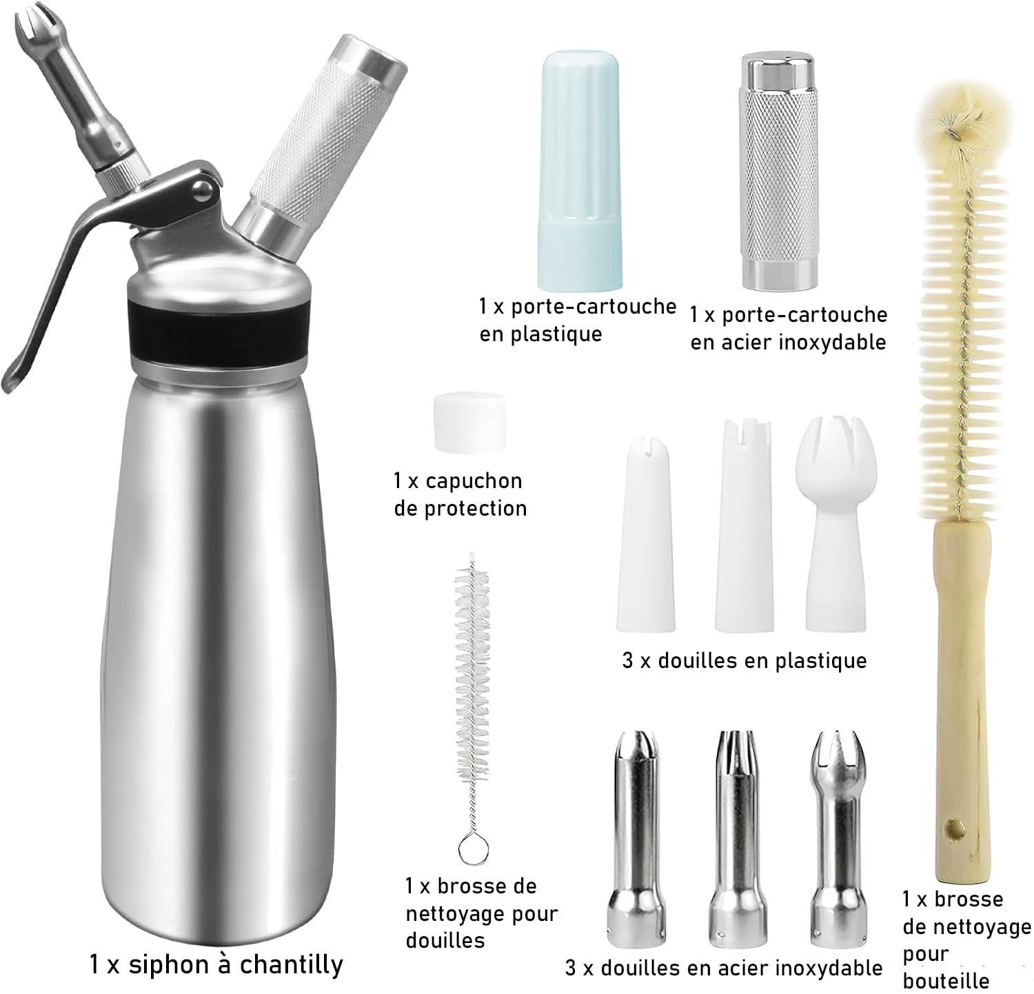 500 ML Siphon à Chantilly en Aluminium, Distributeur de Crème Fouettée avec 3 Douilles INOX, 3 Plastique et 2 Brosses de Nettoyage, pour Décorer Gâteaux, Pâtisseries et Desserts