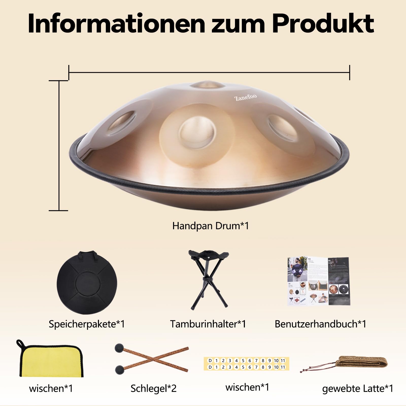 Handpan 22 Pollici (56cm) - 9 Note Re Minore (D-Minor) 432Hz | Acciaio Nitruro Professionale | Tamburo a Mano con Borsa per Yoga, Meditazione e Guarigione Sonora (Oro)