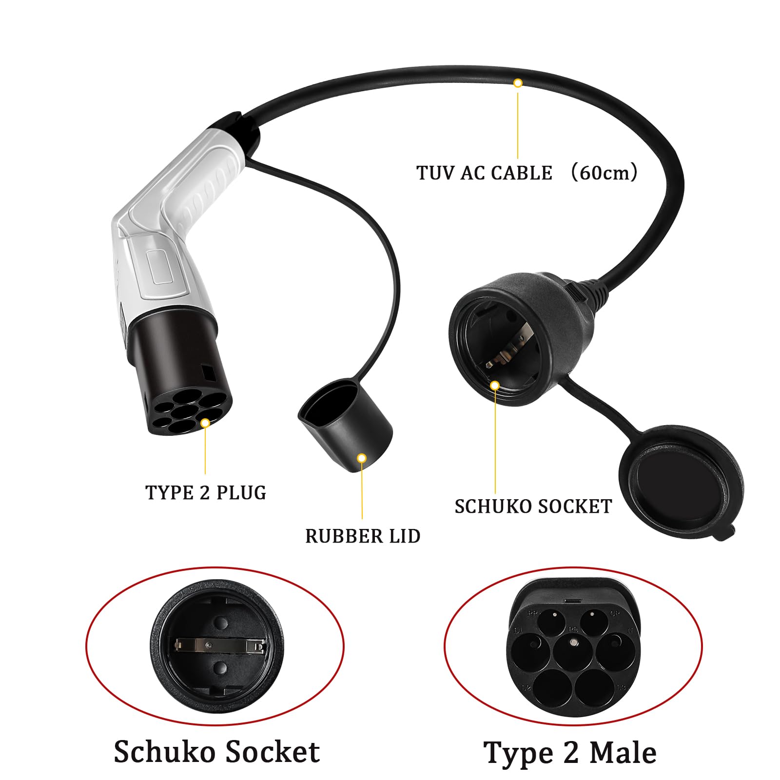 Adapter typu 2 na Schuko, 1fazowy, 3,5 kW, 16 A, 70 cm, adapter do ładowarki samochodowej z zestykiem ochronnym na IEC 62196 typ 2 stacji ładowania samochodów E-Bike, E-Motorcycle (nie pasuje