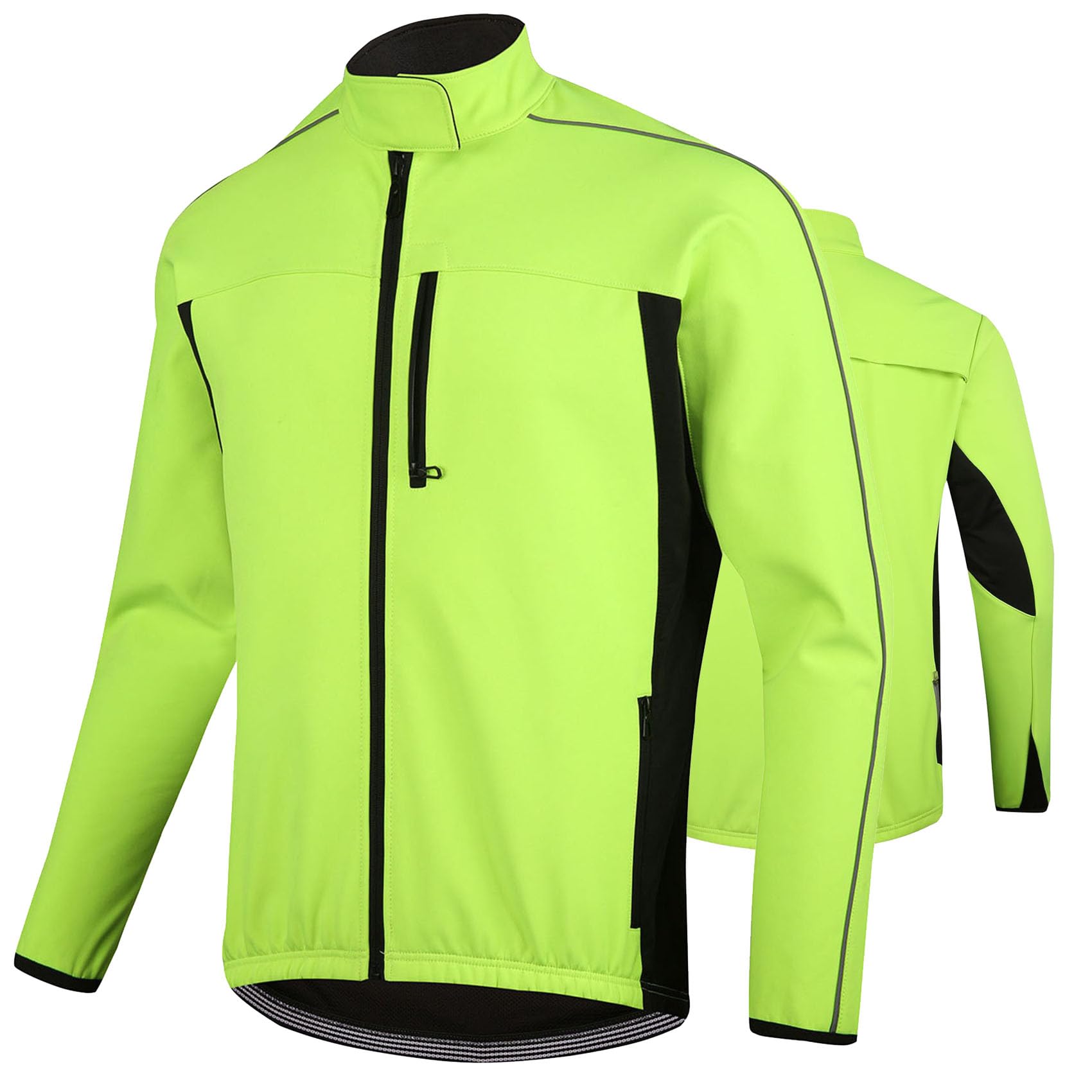 Męska kurtka rowerowa Zimowa rowerowa kurtka do biegania Softshell Ciepły termiczny płaszcz odblaskowy Wodoodporny, wiatroszczelny płaszcz przeciwdeszczowy z kieszenią,Green-2XL