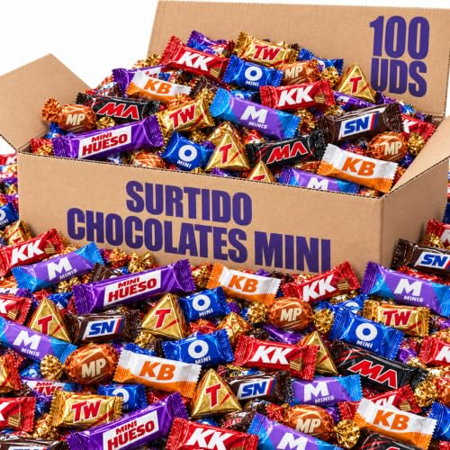 IAMI Caja Regalo 100 Mini Chocolatinas y Bombones Surtidos 10 Variedades | Regalo Original Caja Gourmet Chocolates MINI | 10 uds de cada tipo | Para compartir, Cumpleaños, Días Especiales