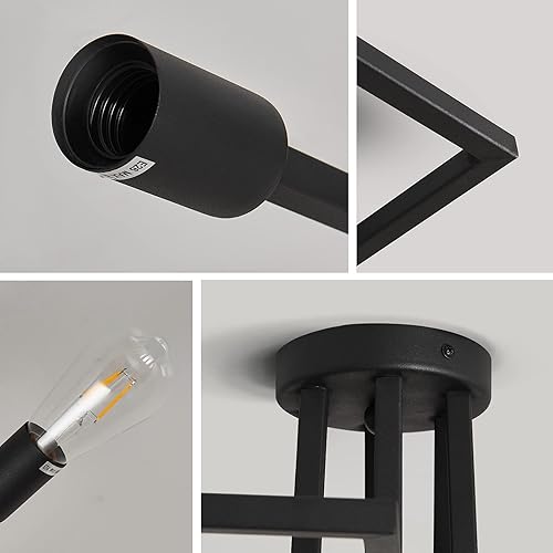 Miniatura 4 de ZGLAOJT Lámpara de techo de 6 luces, lámpara de techo vintage semiempotrada, araña negra para comedor, sala de estar, cocina, granja.