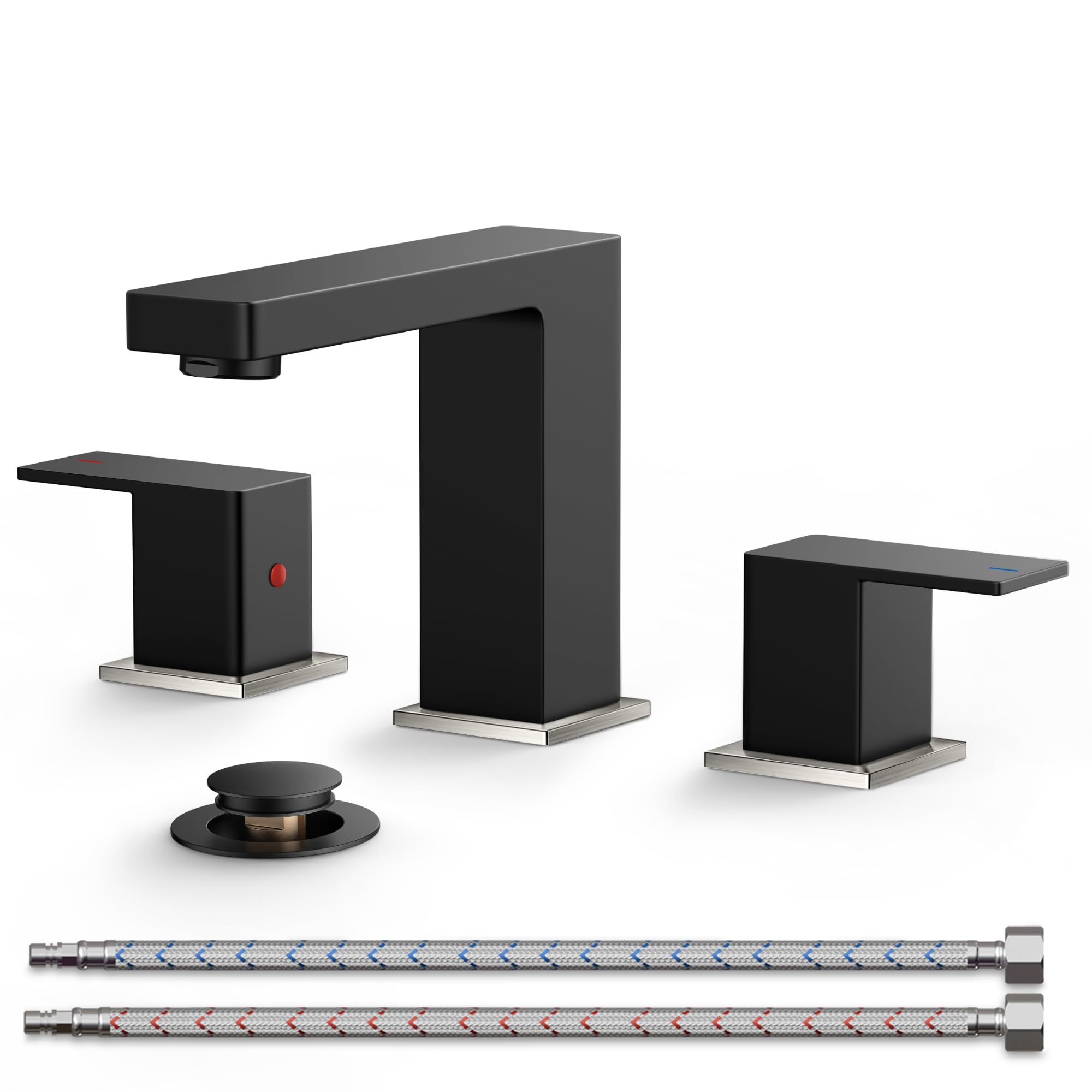 FORIOUS 3 Piece Brushed Nickel and Black Bathroom Sink Faucets 3 Hole, 2 Handle Lead-Free Square ...