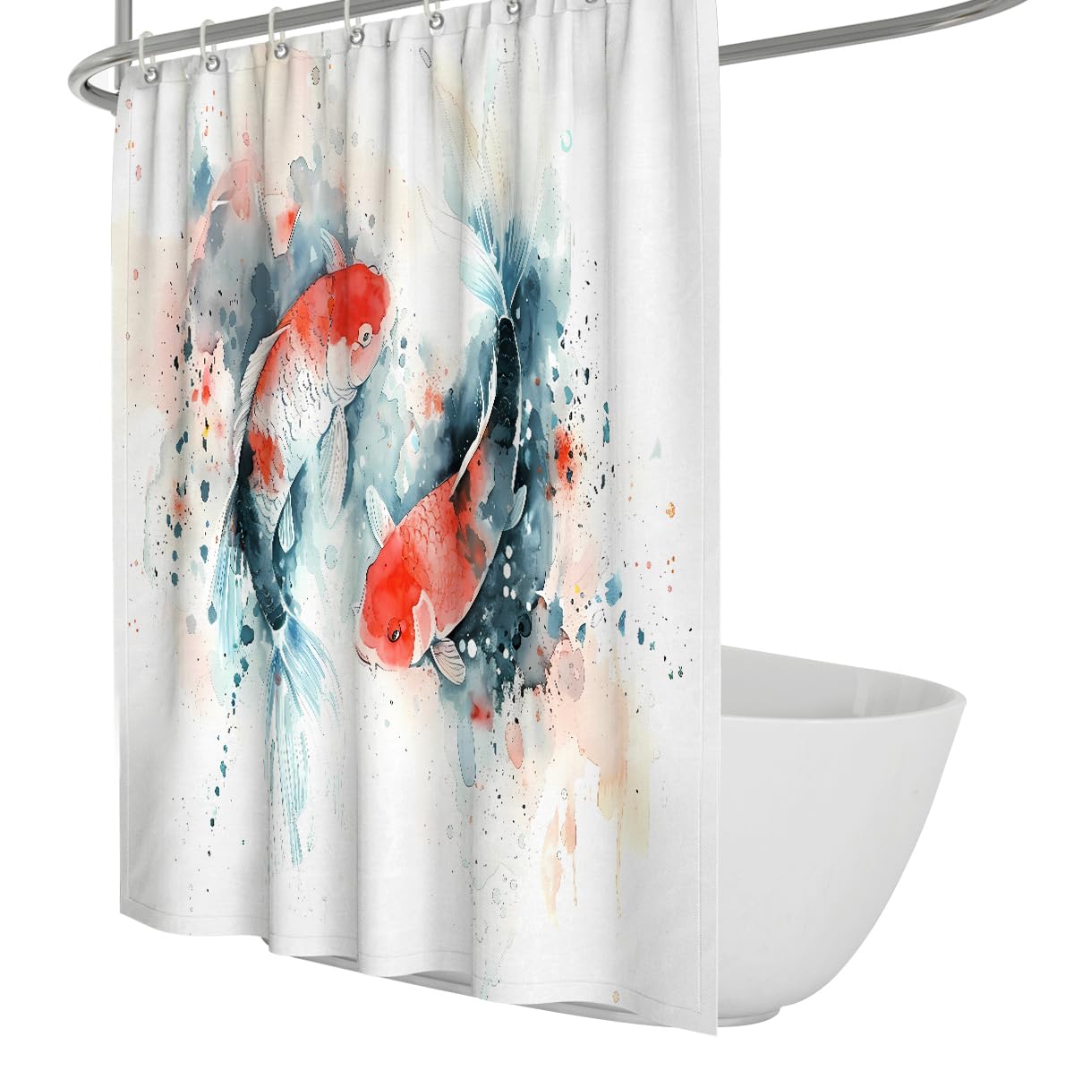 Japanischer Koi-Fisch-Duschvorhang Orientalische Ästhetik Duschvorhang Aquarell Tier-Badezimmerdekoration Wasserdichter Polyesterstoff mit Haken W220xL180 cm