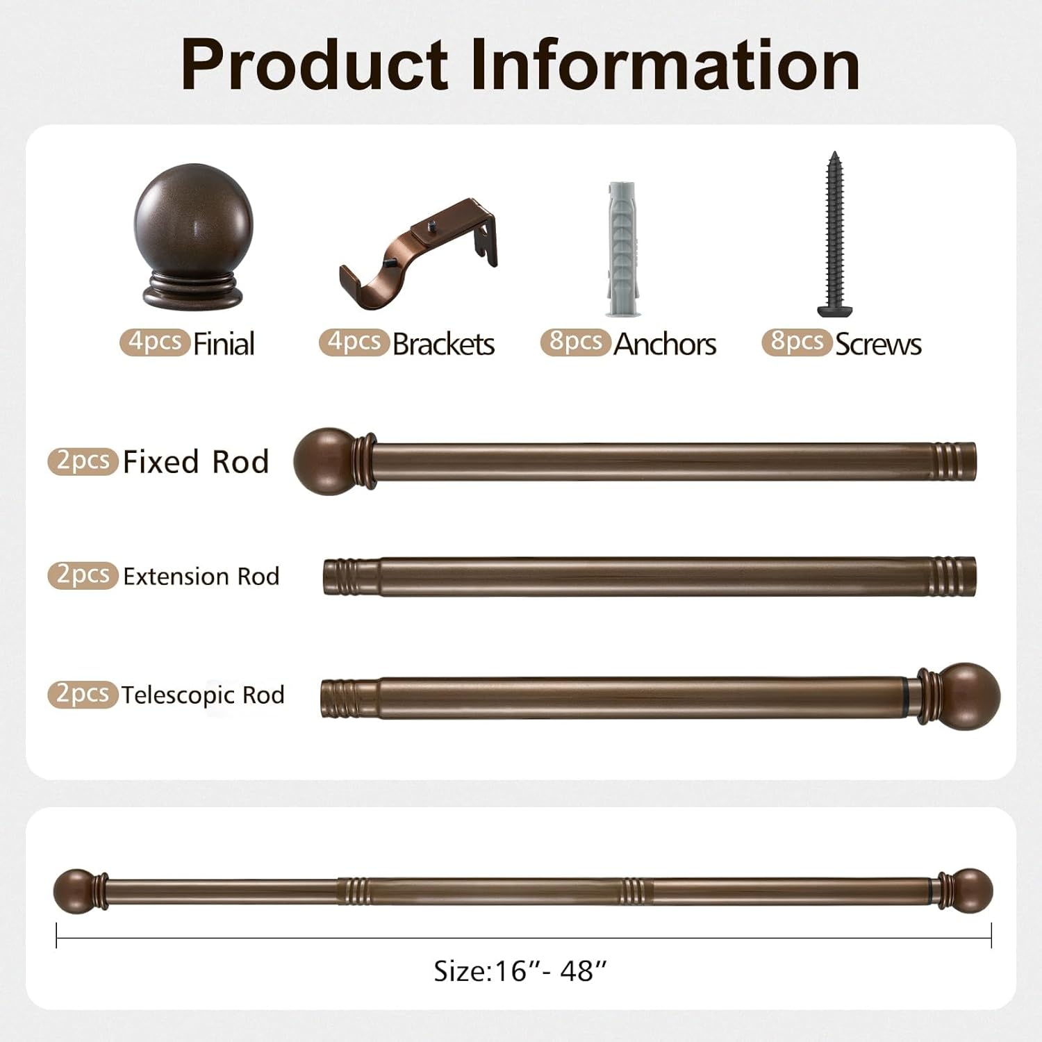 Curtain Rods for Windows 16 to 48 Inch (1.3-4 Feet), 2 Pack 1 Inch Diameter Adjustable Curtain Rod with Ball Finials, Heavy Duty Metal Drapery Rod Holds up to 30 lbs for Kitchen Bedroom WAZLEX Bronze