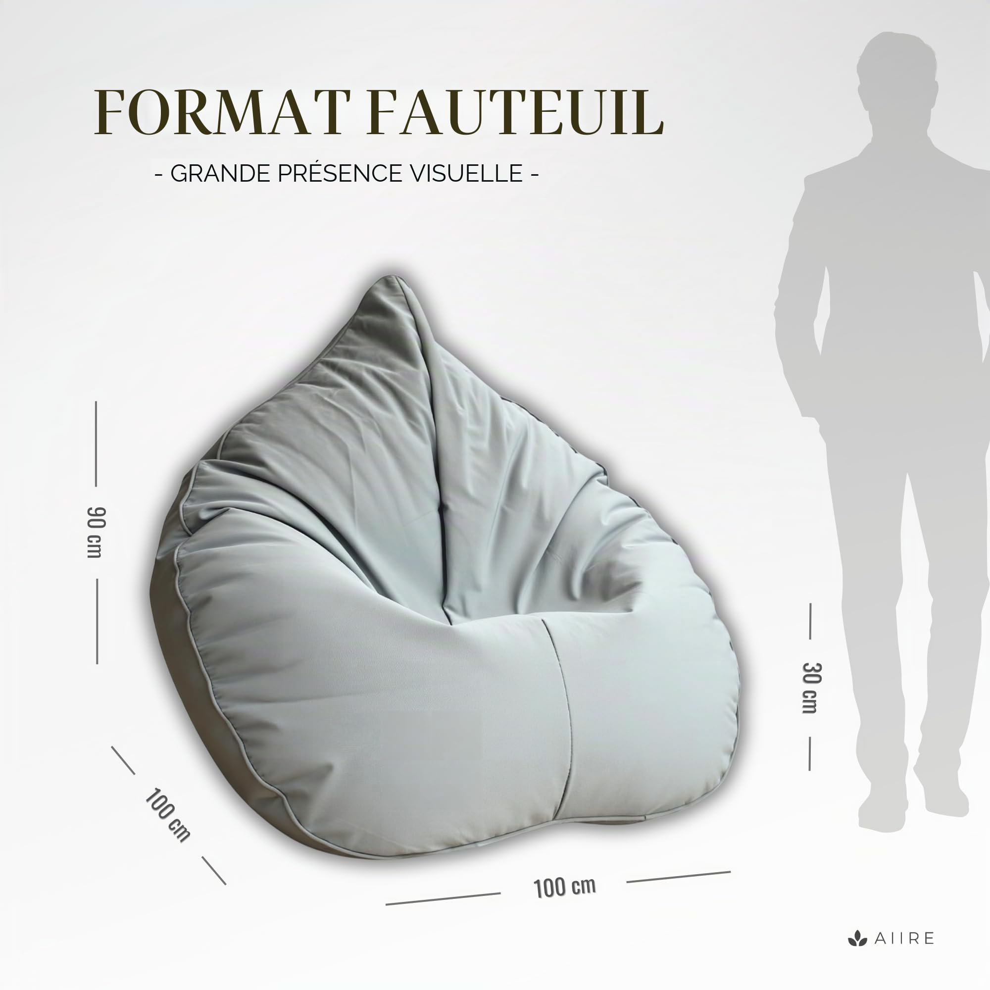 Aiire Pouf Exterieur XXL Design - Bean Bag Poire avec Remplissage pour Piscine et Jardin - Coussin de Sol ou Fauteuil de Lecture Géant - Pouffe Adulte, Gamer ou Ado Gris