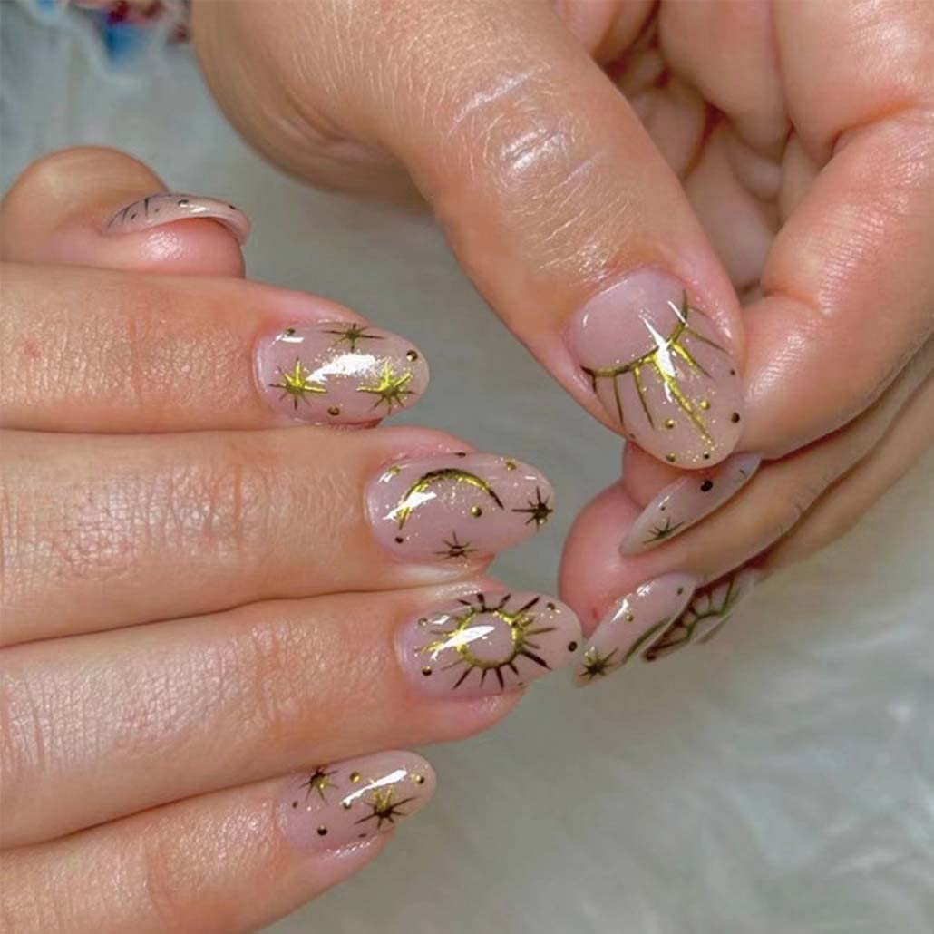 24pcs Nude Fake Nails Amlond Glossy Press on Nail Medium Length False Tips Moon Design Artificial Finger Manicure for Women and Girls