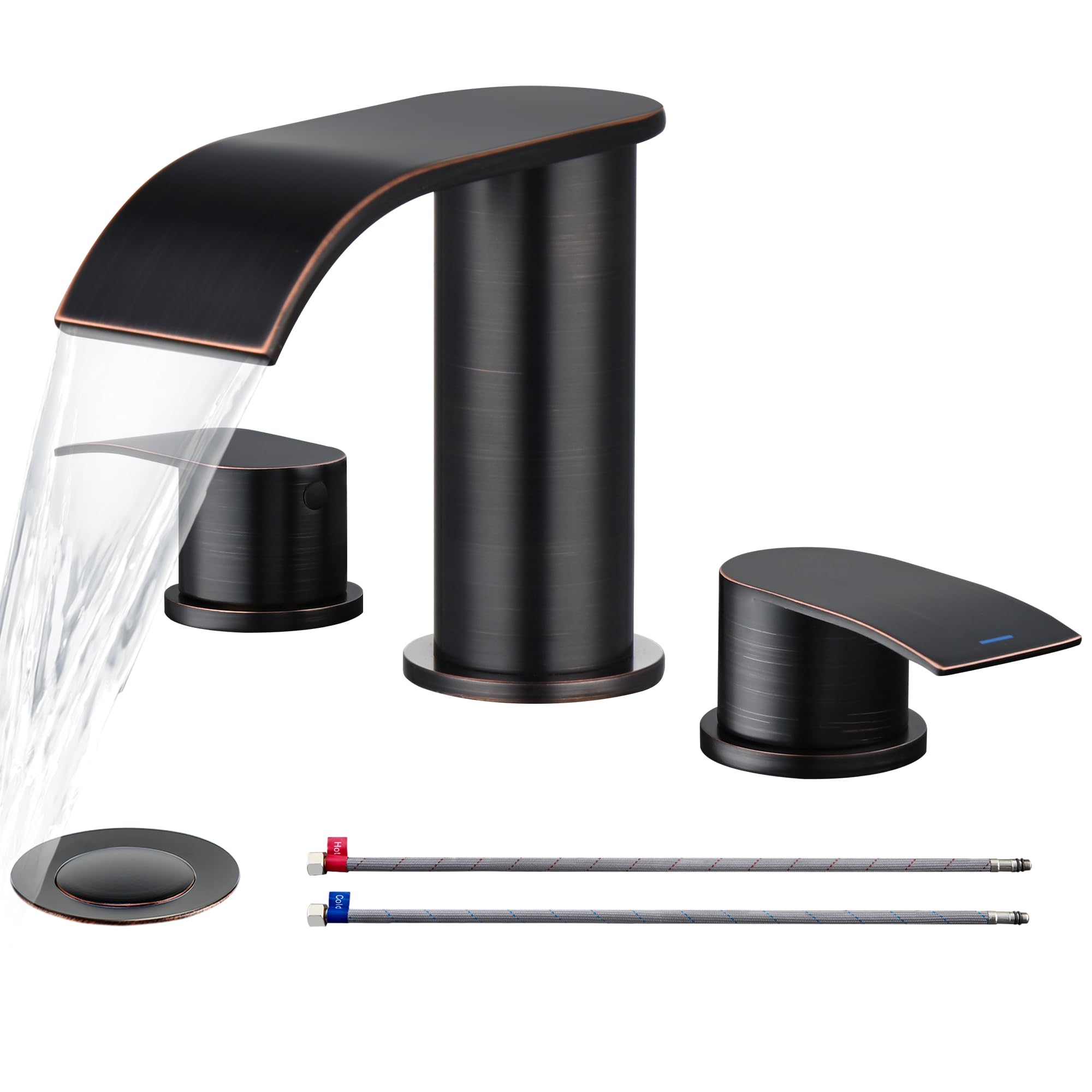 Photo 1 of Ultimate Unicorn 8 inch Bathroom Faucet Oil Rubbed Bronze, Waterfall Bathroom Sink Faucet with Metal Pop-up Drain Stopper and 2 Supply Hoses,2 Handle Widespread Faucets for Vanity Sink 3 Holes