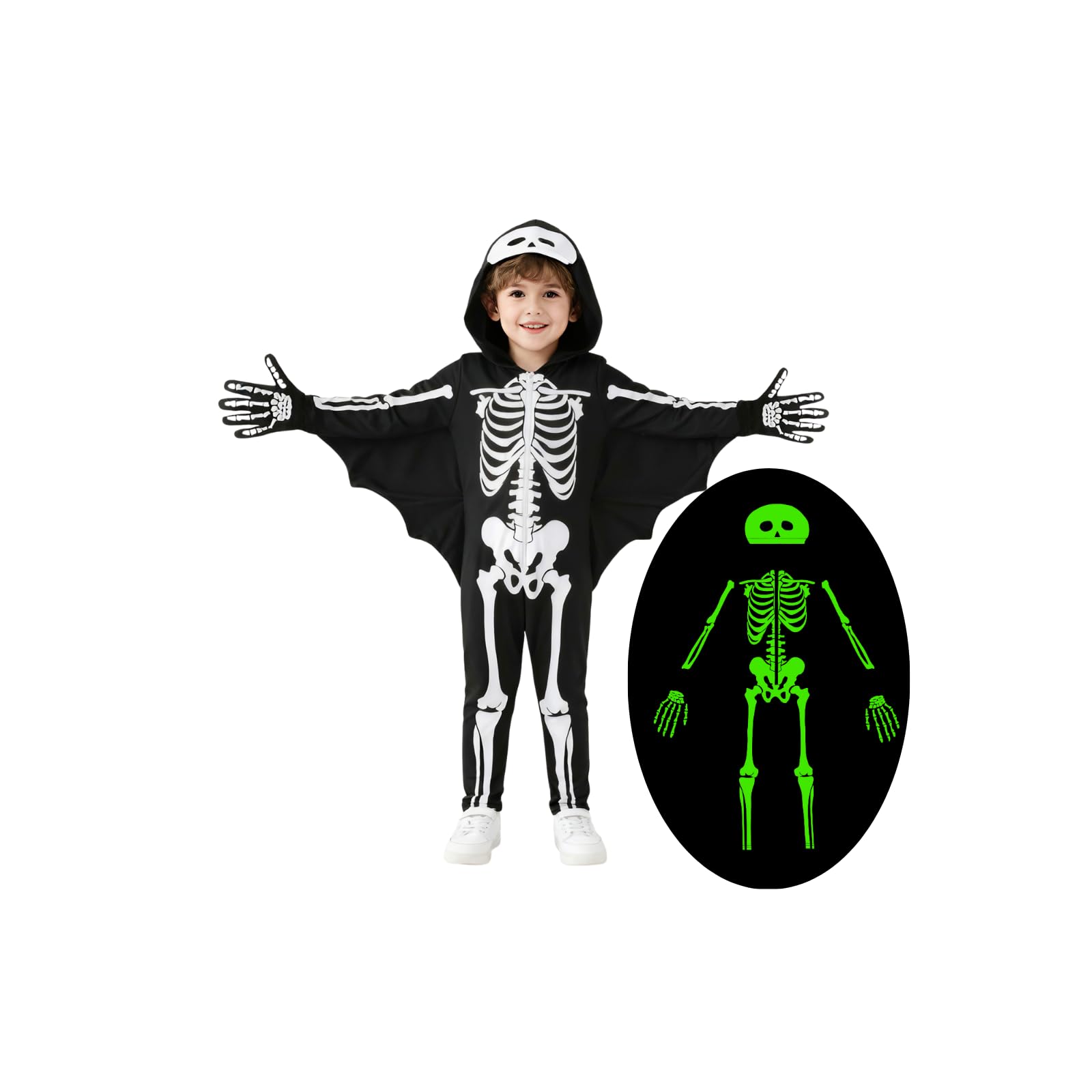 Miyanuby Kids Halloween Skeleton Fancy Dress Toddler Glow in The Dark Luminous Costume Skull Bone Bat Jumpsuit Boys Girls Scary Cosplay Bodysuit with Gloves for 3-10T