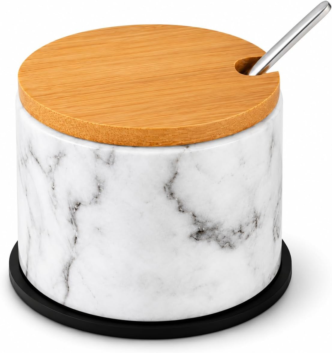 Marble Salt Cellar with Lid and Spoon, Salt and Pepper Spice Cellar, White