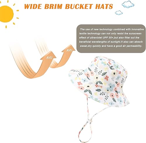 Miniatura 5 de Sombrero de sol para bebés, sombreros de playa de verano con UPF 50+ Niña pequeña con correa de ala ancha, sombrero de cubo al aire libre