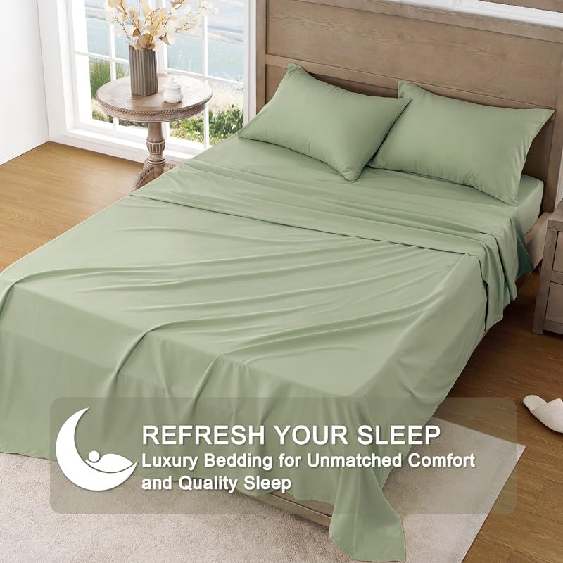 Image of FreshCulture California King Sheet Sets - Brushed Microfiber - Deep Pockets - Easy Care - Cooling & Breathable Bed Sheets - 4 Pieces Hotel Luxury Cal King Sheets (Sage Green)