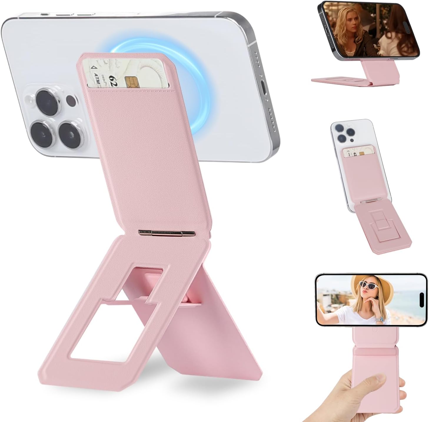iontech Tripod Phone Wallet Compatible with MagSafe iPhone 17/16/15/14/13/12 Series, 3 in 1 Strong Magnetic Phone Holder, PU Leather Wallet, Lightweight & Adjustable Cell Phone Stand (Pink)