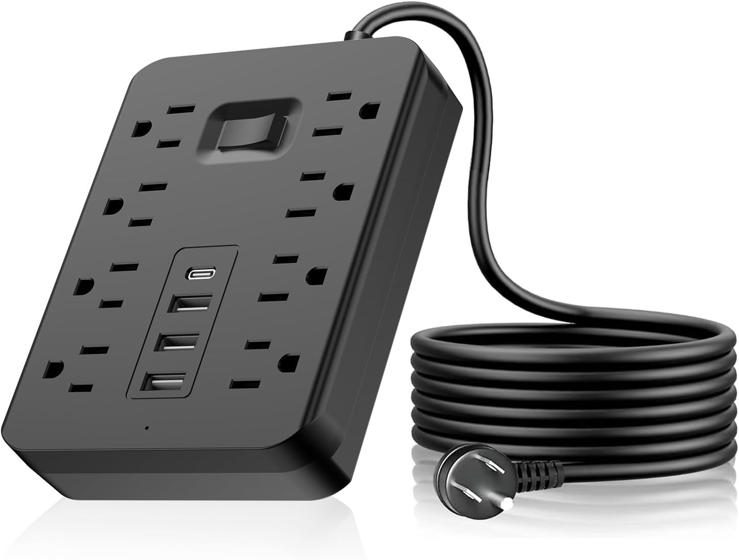 Flat Plug Power Strip with Surge Protector, 8 AC Outlets + 3 USB Ports + 1 USB-C, 5ft Extension Cord for Desktop, Travel, Home & Office(Black)
