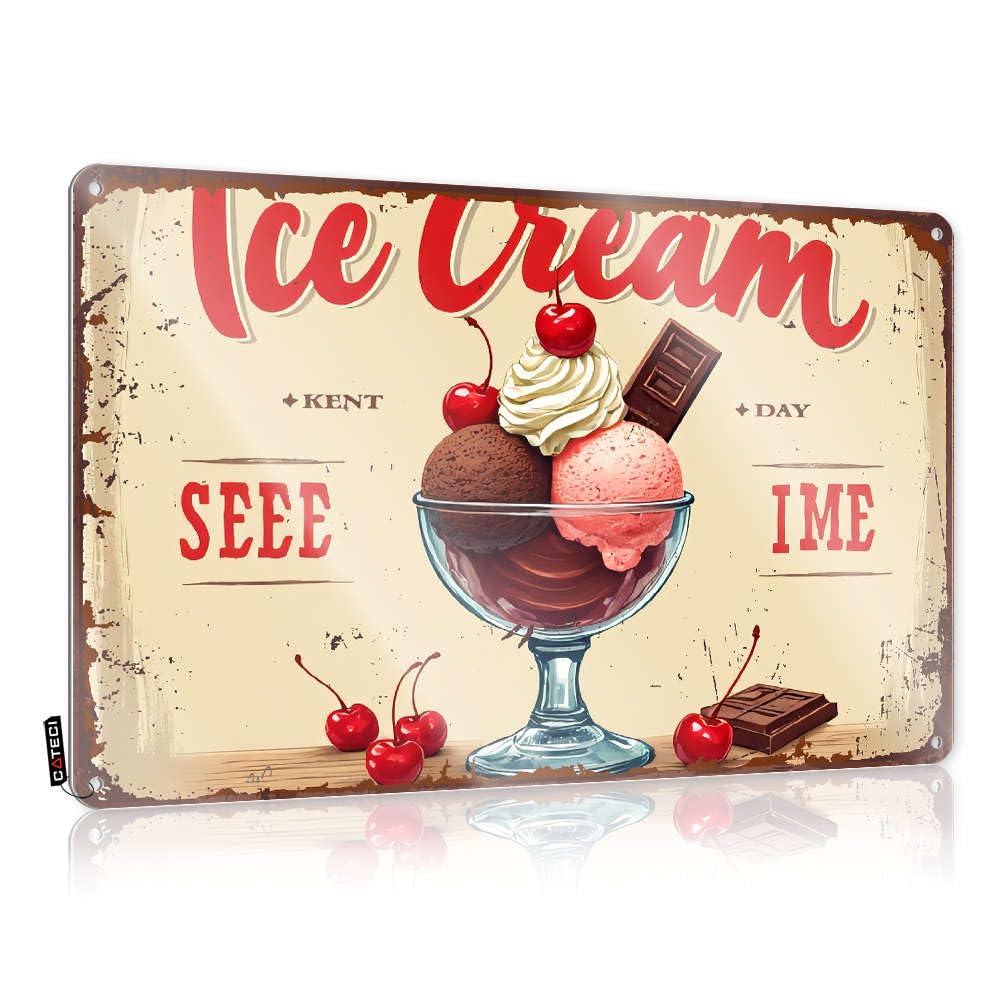 Sujd Colour Farmhouse Signs Door Custom Tin Sign, Gift For Plumber Fade Resistant Ice Cream With Cherries And Chocolate. For Home Kitchen | Cottage Vintage Decor For Checkout Party(20X30cm)