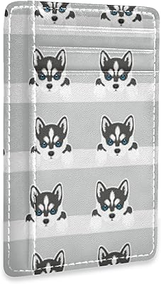 Siberian Husky Dog Face Heads Seamless on White Grey Slim Minimalist Wallet, Front Pocket RFID Blocking Leather Credit Card Holder, Case Protector Covers for Men Women