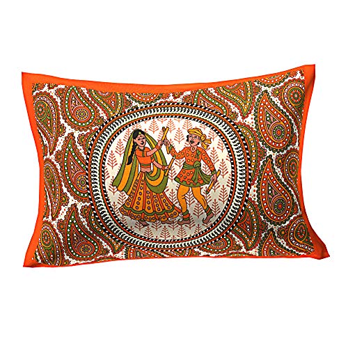 Image of RajasthaniKart Comfort Rajasthani Jaipuri Traditional Sanganeri Print 144 TC Cotton Single Bedsheet with 1 Pillow Cover - King, Round Dandiya (Orange, Single)