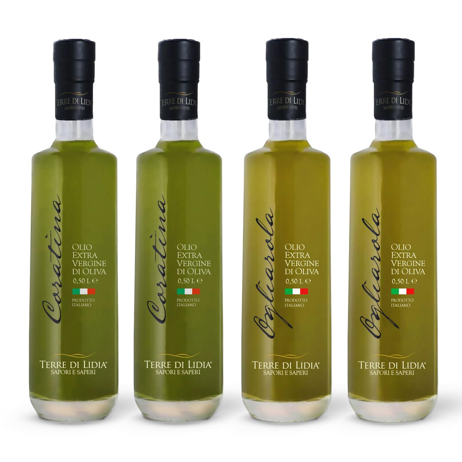 Terre di Lidia - Olio extravergine di oliva - 4 bottiglie in vetro da 0,50L (2L), 2 Varietà Coratina, Gusto Intenso + 2 Varietà Ogliarola, Gusto Delicato - 100% Italiano - Campagna 25/26